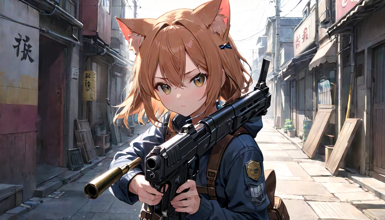 Cat ear、girl、He has a gun pointed at me、Composition with the gun barrel visible from the front