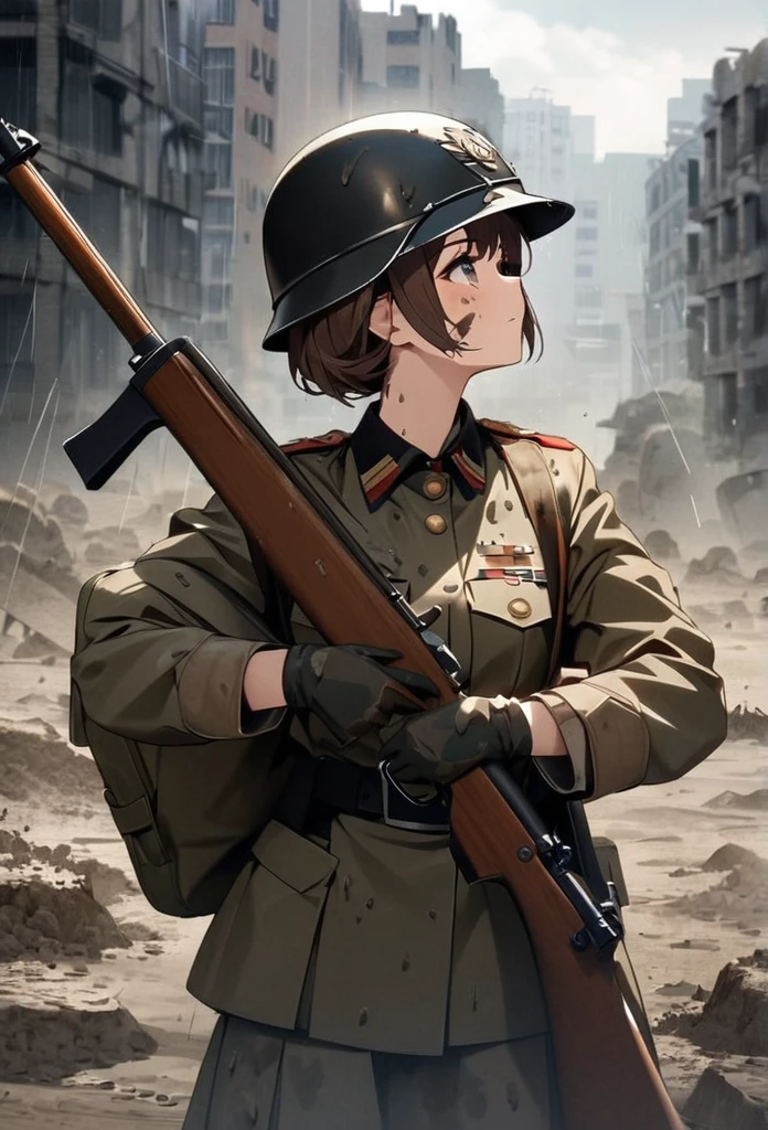 High quality, high definition images, full HD、8k.1 girl solo.old german military uniform,short hair,Chestnut hair.Carrying a rifle on his shoulder, Wearing a German military helmet、In the trenches of the battlefield,look up at the sky,broken cityscape,Mud on the face,Mud on my jacket,it's raining


