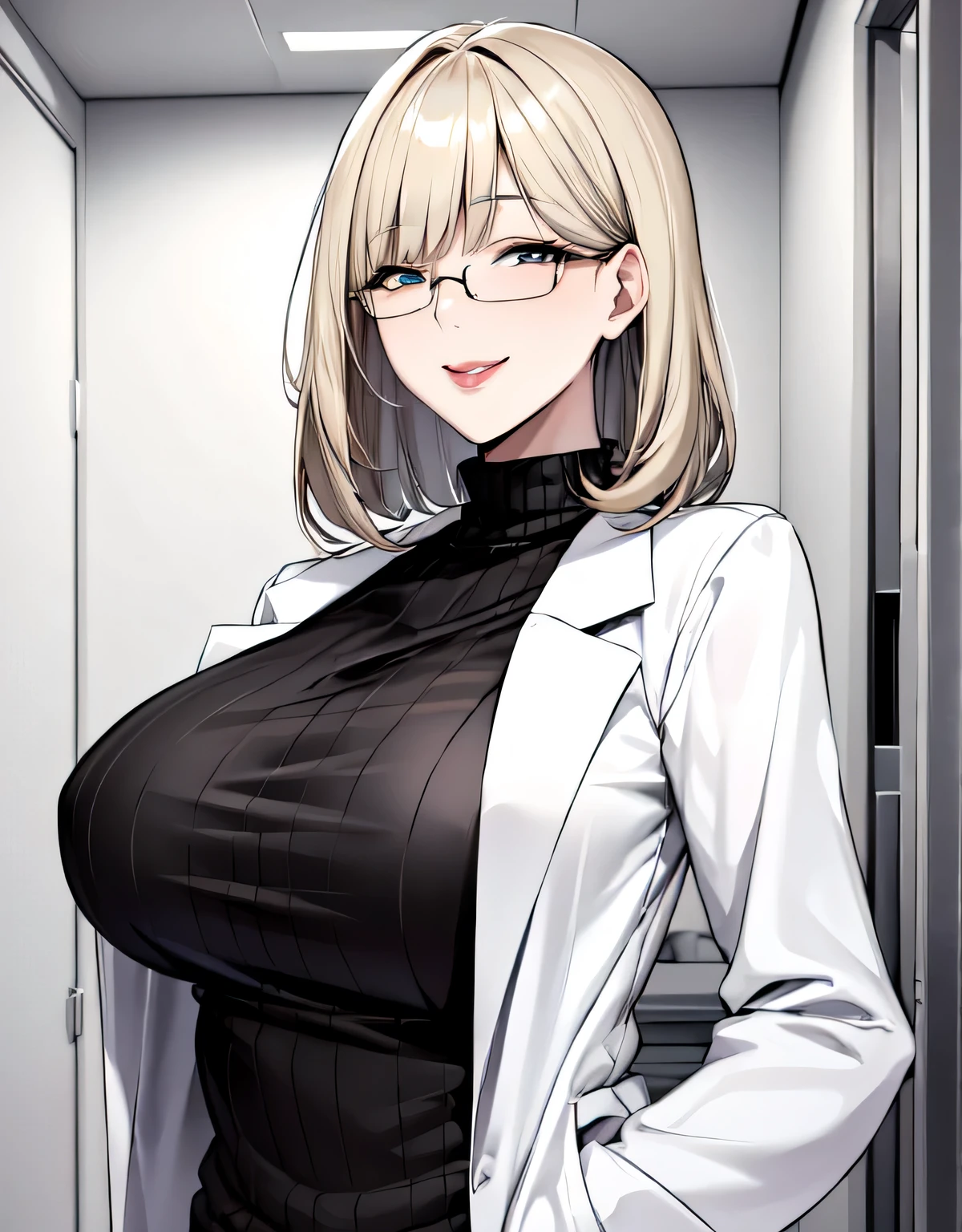 (large breasts:1.5),(shiny hair),((solo)),((masterpiece)),((best quality)),perfect anatomy,slim waist,perfect image,8k UHD,(beautiful detailed eyes:1.5),extremely detailed face,standing,(upper body:1.3),(look at the front:1.5),arms behindback,ultra-detailed,absurdres,highres,indoor,hospital,in a small clinic,blonde hair,((blunt bangs)),erotic lips,((sensitive smile)),white lab coat,Woman doctor,sexy mature women,30 years-old,black ribbed sweater,glasses,hands in pockets,semi-long hair,