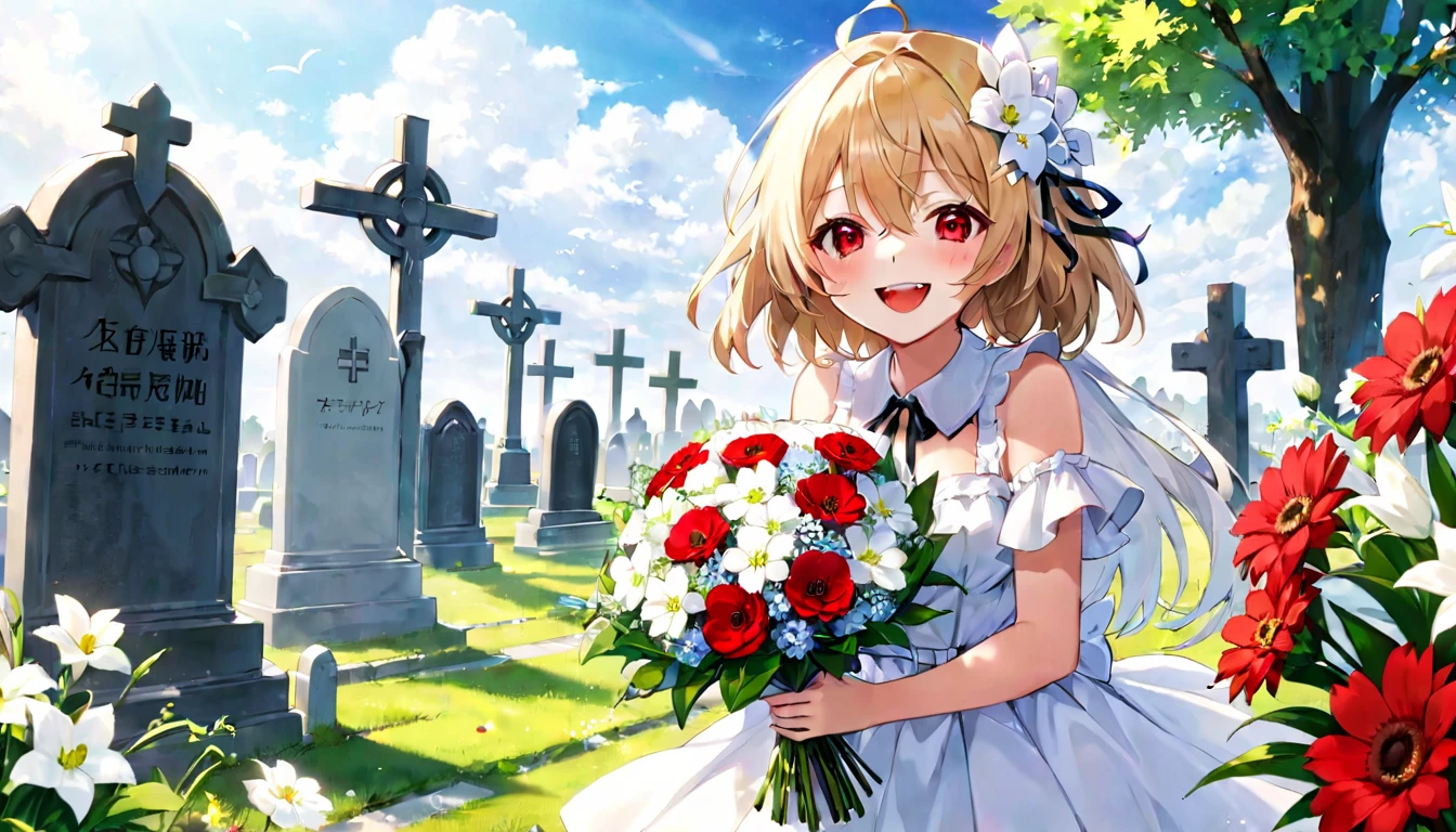 Laughing girl in the graveyard、big bouquet、white bouquet、Nekomimi girl、red eyes