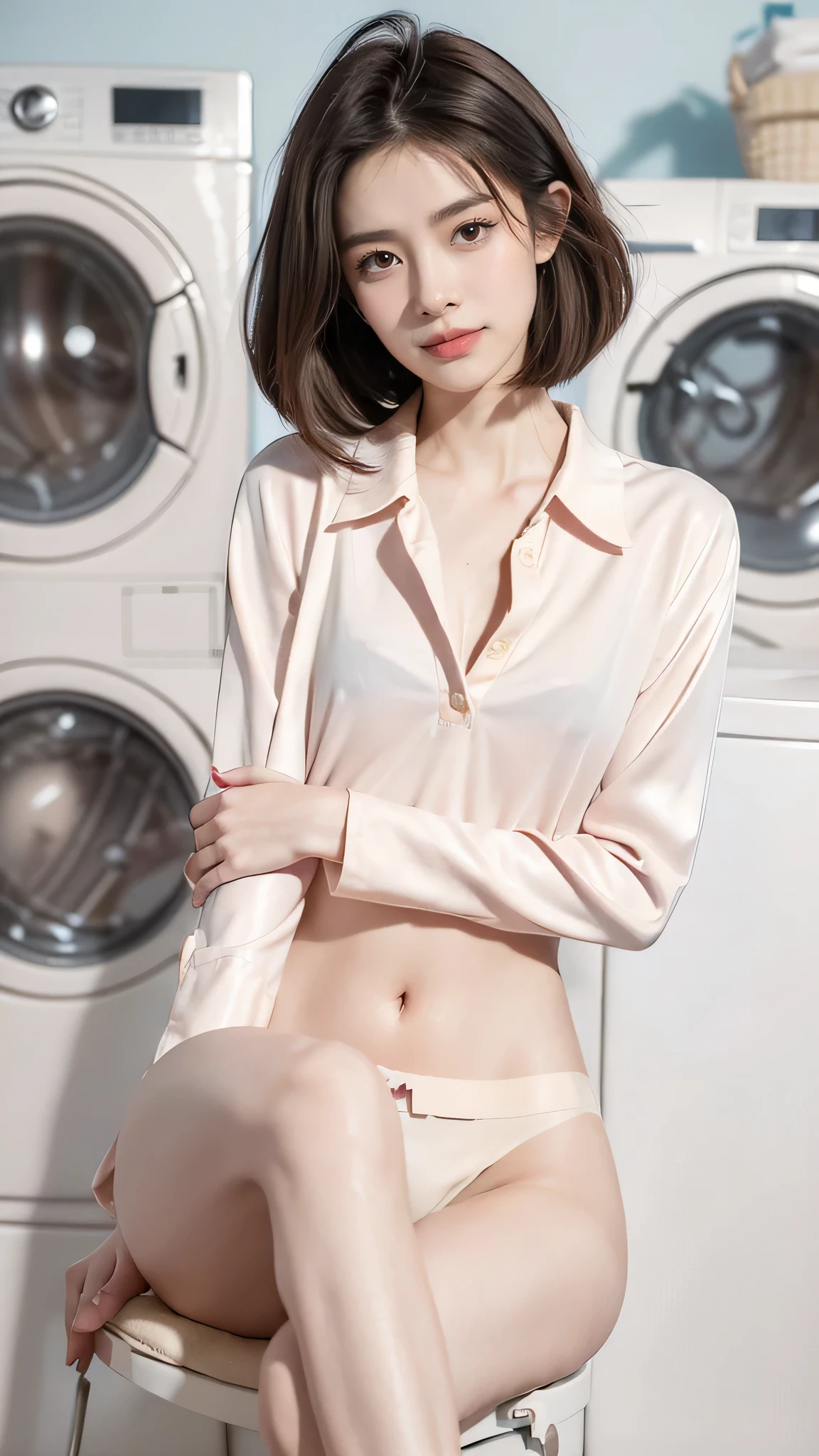 ((((8k))),((Extremely meticulous CG)) ,(wallpaper),16k,((Extremely refined and beautiful)),(((Masterpiece))),(((best qualtiy))),(((Ultra High Resolution))),beautiful light up,Perfect lightning,realistic shaded,(A high resolution),(Smooth and flawless fair skin:1.5),(pale skin:1.3),(Extremely exquisite facial details:1.3),(perfect body:1.1),(ultra - detailed),A beautiful girl,solo,small head,(shoulder length straight bob hair:1.1),(small face:1.2),Exquisite makeup,(blush:1.5),(sweat:1.3),(shiny skin:1.5),(small :1.1),flat chests,slim,thin,happy,(Smile:1.2),(collared sleeved shirt:1.5),(:1.7),(slender legs:1.2),(slippers:1.2),(night scene:1.5),indoor,(In the laundry room:1.5),(Many washing machines:1.3),(detailed background:1.5),(sitting on a stool:1.3),( apart:1.3),(full body:1.3),(from front:1.3),