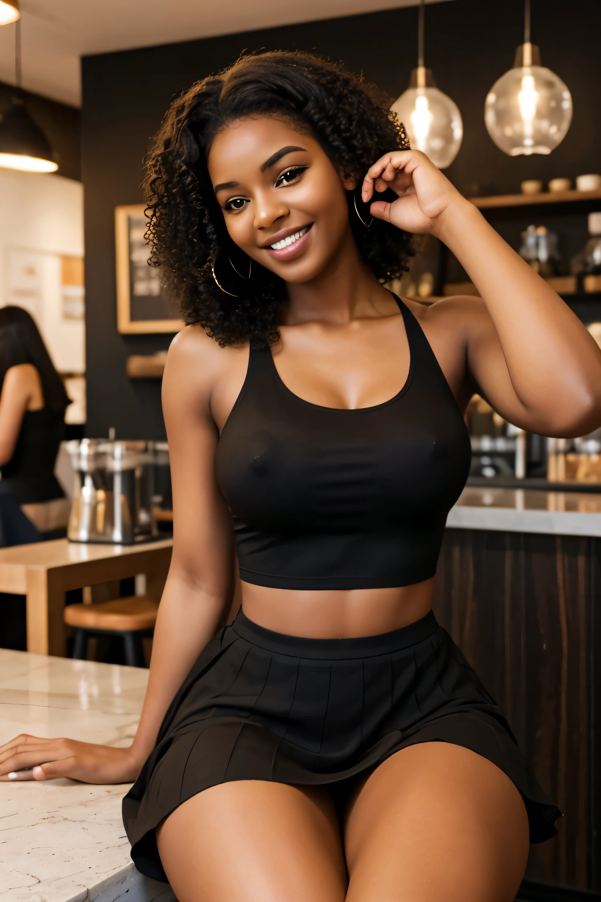 (Maintain the face of the previous prompt) An ultra hot young beautiful African woman, age 19, black curly hair, height 5′ 6″. she's a playmate, men's magazine model, sitting, enjoying a cup of coffee, touching her hair, in a busy cafe, in the morning. She wears a long black skirt and a white top. Perfect anatomy, perfect hair, perfect breast, perfect body, perfect hands, perfect face, totally realistic, human skin, studio lighting, perfect, wide hips, thick thighs, big ass, UHD, taking a selfie, smiling seductively