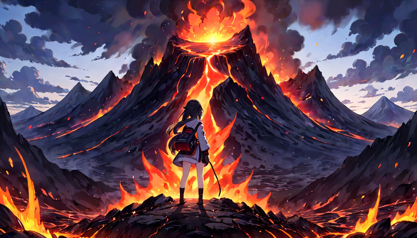 Anime girl standing in front of a mountain with lava and lava, 4k anime wallpaper, anime wallpaper 4 k, anime wallpaper 4k, anime style 4k, anime art wallpaper 4k, anime art wallpaper 4k, anime art wallpaper 8k, 4k manga wallpaper, anime wallpaper, anime background, anime wallpaper, epic anime artwork, hd anime wallpaper