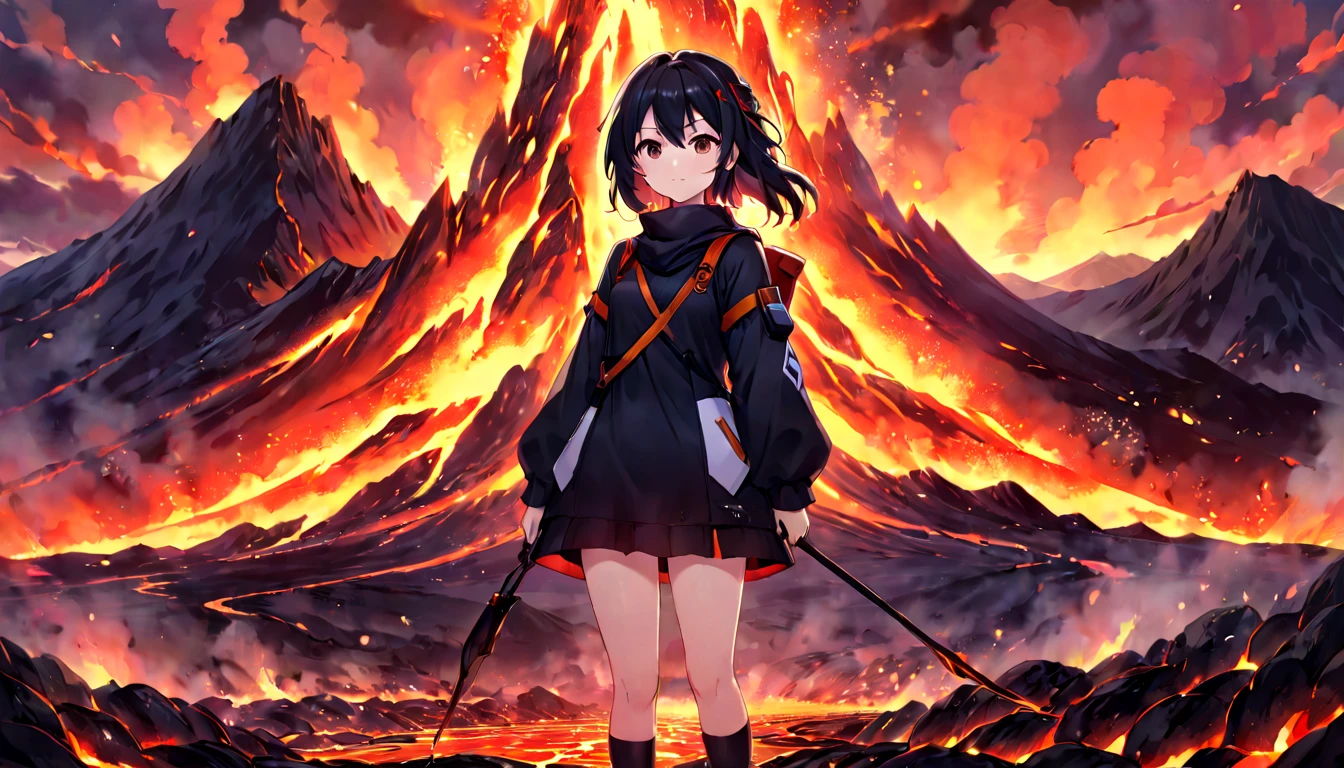 Anime girl standing in front of a mountain with lava and lava, 4k anime wallpaper, anime wallpaper 4 k, anime wallpaper 4k, anime style 4k, anime art wallpaper 4k, anime art wallpaper 4k, anime art wallpaper 8k, 4k manga wallpaper, anime wallpaper, anime background, anime wallpaper, epic anime artwork, hd anime wallpaper