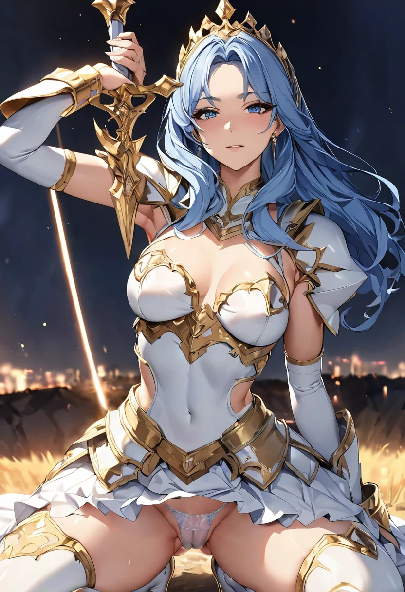 NSFW, masterpiece, highest quality, ultra high resolution, maximum resolution, very detailed, professional lighting, anime, Single women, thin, so beautiful, beautiful face,armored dress, Blue and white armor, , Golden decorated luxury tiara,Golden earrings,Frilly Armor,blue hair, blue eyes, Sword in hand,Scabbard on waist,Princess Knight,white underwear,On top of the hill, I kneel down to pray