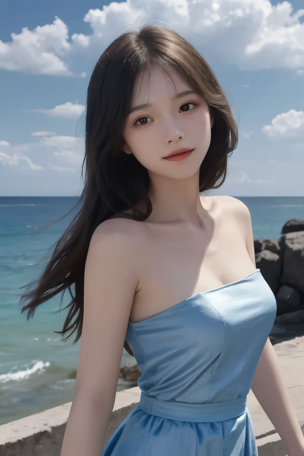 (masterpiece, actual: 1.4), (extremely high precision: 1.2) &GT;, close up, portrait, (Upper body: 1.2), (front: 1.3), 191971 dress, Back Dress, (long skirt: 1.2), Extra-long hair, breast, bare shoulders, Sky, ocean, water, looking at the audience, Italian, head tilt, Wind, cloud, Sunlight, outdoor, 1 girl,Smiling， Highly detailed facial and skin textures，surreal，Super real photos，美丽delicate eyes，alone, rest, film light, ultra high resolution, 8K Ultra HD, Film particles, perfect anatomy, Delicate and Beautifully skin, best shade, Beautifully, raw, High resolution,Highly detailed facial and skin textures, delicate eyes,surreal，Super real photos，Very detailed CG unified 8k wallpaper，（masterpiece），（best quality），（Super detailed），（Super real photos），（Best character details：1.36），There is light on the face, movie lighting，illustration, Very detailed，Level verbose, High resolution, Very detailed, best quality, masterpiece
