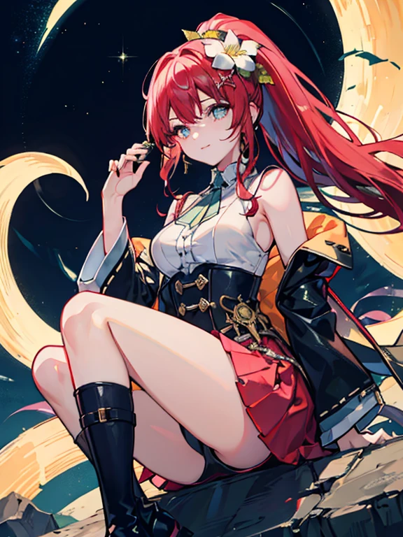 (masterpiece, highest quality,8K quality) adult woman, married woman, red long hair,長い赤毛のponytail,Tense atmosphere, red long skirt, 黒のロングboots, wife, Wearing black mage robes, 50 year old woman looking away, detailed face, fine eyes, 暗赤colorの目, thin droopy eyes, {{{narrow eyes}}}, Long contour, 白と金colorの髪飾り,金colorの髪飾り,boots,ponytail、Bushy hair,Large hair ornament,Gold flower,white flower hair ornament,half up, {{{night sky with multiple shining meteors}}},straight bangs, 長い赤毛のponytail, gothic, big breasts, Knee-high portrait, color, cinematic lighting, highly detailed face, detailed face, beautiful face, beautiful eyes, perfect lighting,parted bangs, written boundary depth, realistic proportions, excellent anatomy,makeup gremory, small details. girl&#39;face,destiny style, Trending on Art Station Pixiv, seductive anime woman, Video game, A soft smile with closed mouth, Beautiful woman, {{{A squishy smile}}}, macross style,Futurism, shining light, UHD, retina, masterpiece, Accurate, anatomically correct,five fingers,白と金colorの髪飾り,boots,ponytail、Bushy hair,Large hair ornament,Gold flower,white flower hair ornament