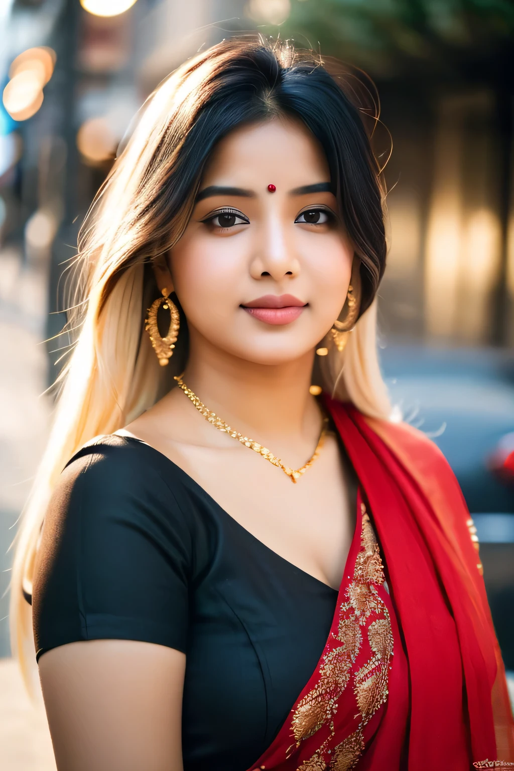 (((desi girl))), chubby face, natural skin, wearing hot deep neck top and red dupatta, charming black hair, ((hair ends are blonde)), city streets background, bokeh