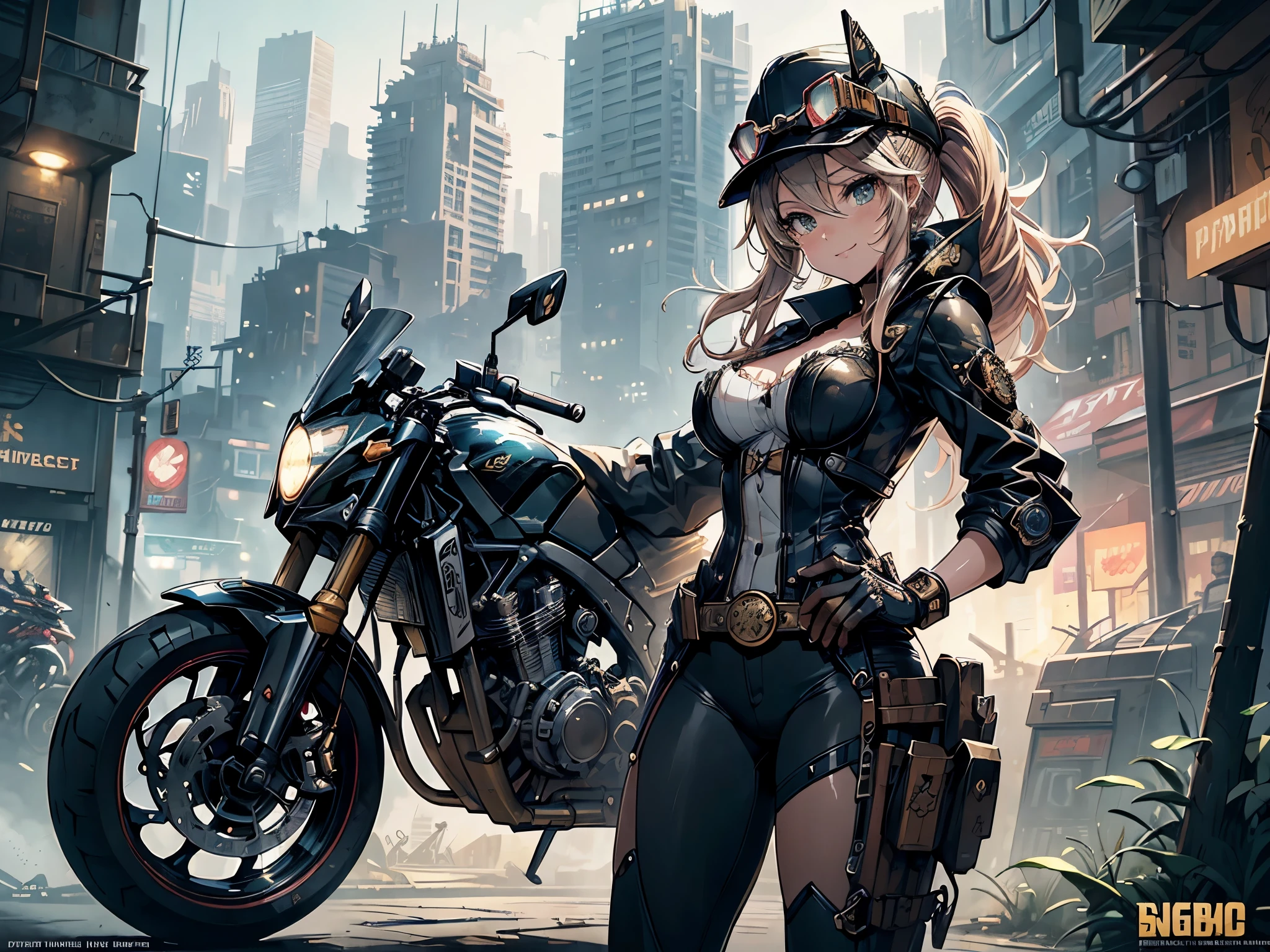 (comic book style),(line drawing_anime),(cowboy shot, highest quality, ),(Laura Budd Photos:1.2),(Laura Add Details:1.0),8K, flat color:0.8,dynamic angle,1 girl,smile、(Steampunk bike ride 1.5)、Exquisitely decorated motorcycle、(Highly decorative and complex mechanical steampunk fashion, lace flare dolphin hat、goggles 1.5、machinery background、Gear background、Intricately mechanized steampunk cityscape 1.5),