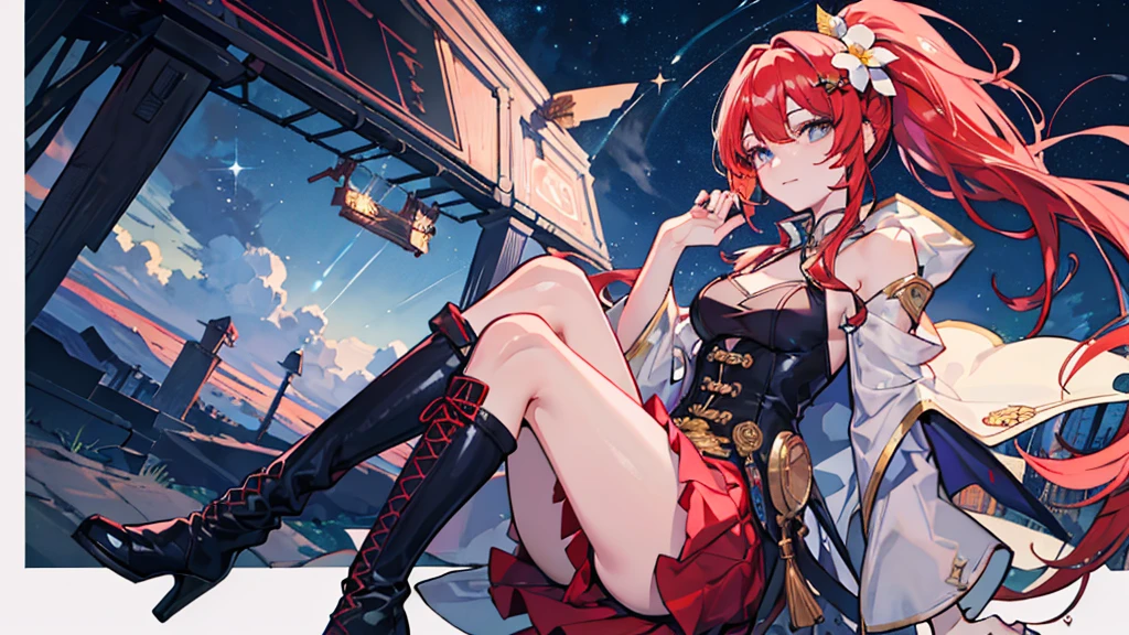 ultra detail, High quality CG drawing, The most delicate and beautiful, Floating gently, High resolution, (1 female), (Highest image quality,4K,8K,masterpiece:1.2),(all red hair:1.5),(short bob:1.5),(red eyes:1.5),black off shoulder,black mini skirt,In town,hair braiding