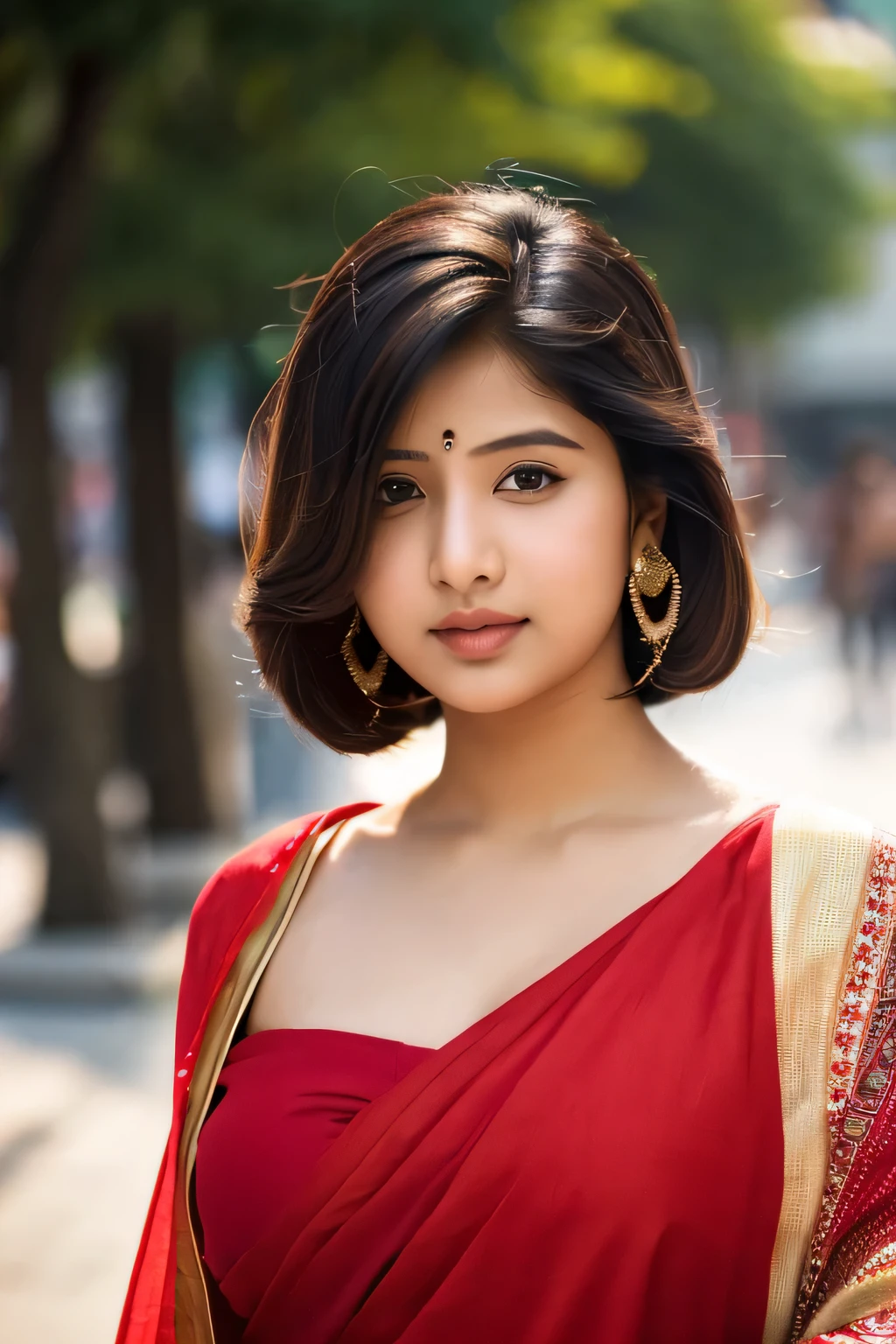 (((desi girl))), chubby face, natural skin, wearing hot deep neck top and red dupatta, charming black hair, ((hair ends are blonde)), city streets background, bokeh