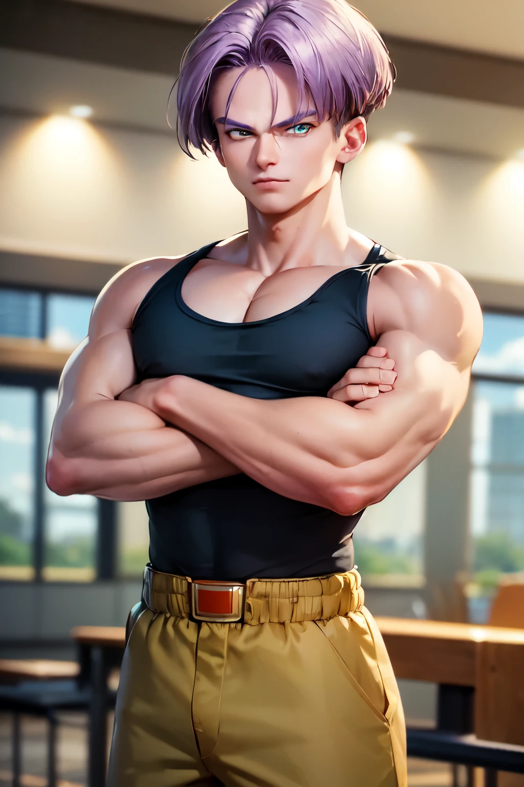 (masterpiece, best quality:1.2), cowboy shot, solo, male focus, 1boy, trunks \(dragon ball\), expressionless, closed mouth, looking at viewer, crossed arms, purple hair, blue eyes, black tank top, shirt, pants, working out in the background of a gym.