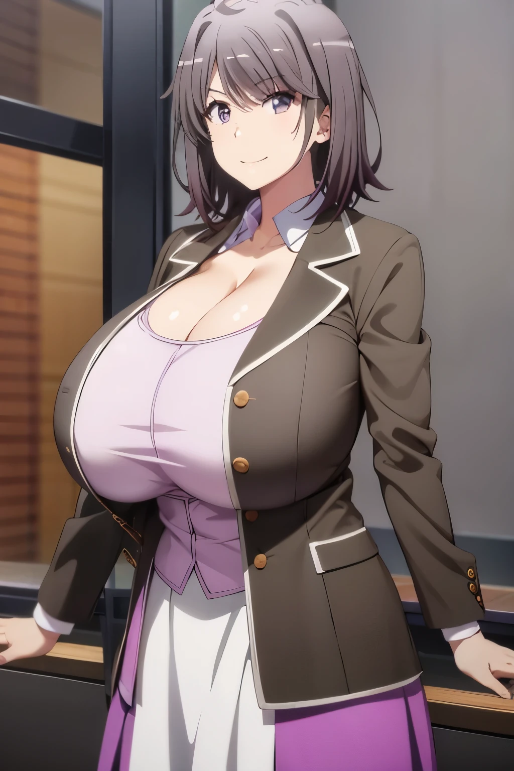 haruno yukinoshita, short hair、Brownish violet eyes、chest、neck ribbon、white shirt、dress shirt、blazer、black jacket、open jacket、long sleeve、plaid skirt, smile face, abnormally large breasts、very big breasts 、Huge breasts, gigantic breasts,