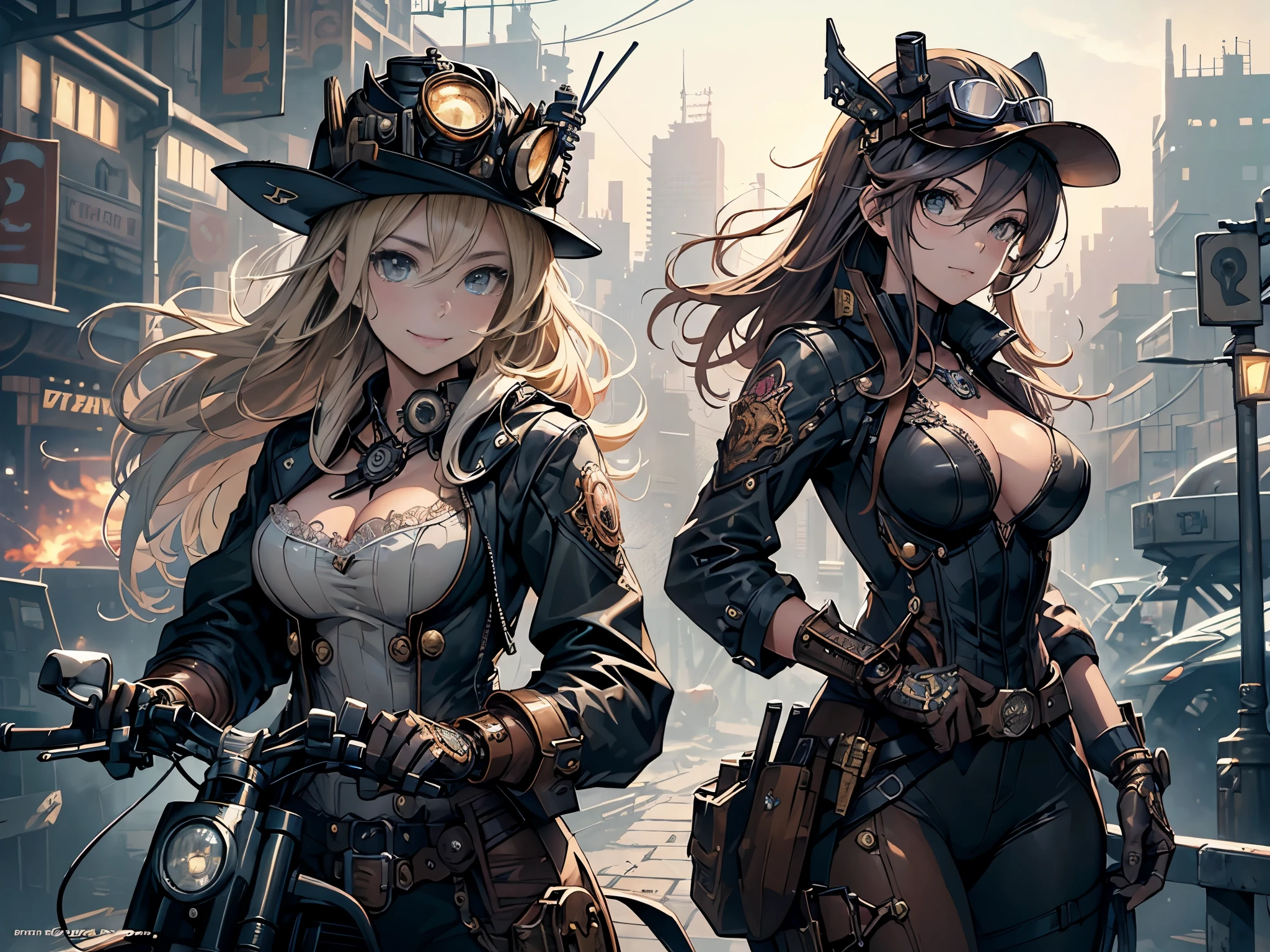 (comic book style),(line drawing_anime),(cowboy shot, highest quality, ),(Laura Budd Photos:1.2),(Laura Add Details:1.0),8K, flat color:0.8,dynamic angle,1 girl,smile、(Steampunk bike ride 1.5)、Exquisitely decorated motorcycle、(Highly decorative and complex mechanical steampunk fashion, lace flare dolphin hat、goggles 1.5、machinery background、Gear background、Intricately mechanized steampunk cityscape 1.5),