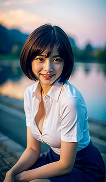 (8K, Raw photo, highest quality, masterpiece:1.2), (realistic, photo-realistic:1.37), Super detailed,
1 girl,cute, alone,beautiful detailed sky,Detailed cafe,night,sitting,date,(blush your nose),(smile:1.1),(closed mouth),big breasts, seductive smile, wide opening, professional lighting, Sony α7R4, Zecy 50mm F1.8,
medium breasts,detailed and beautiful eyes,(collared shirt:1.1), bow tie,pleated skirt,(short hair:1.2),floating hair 