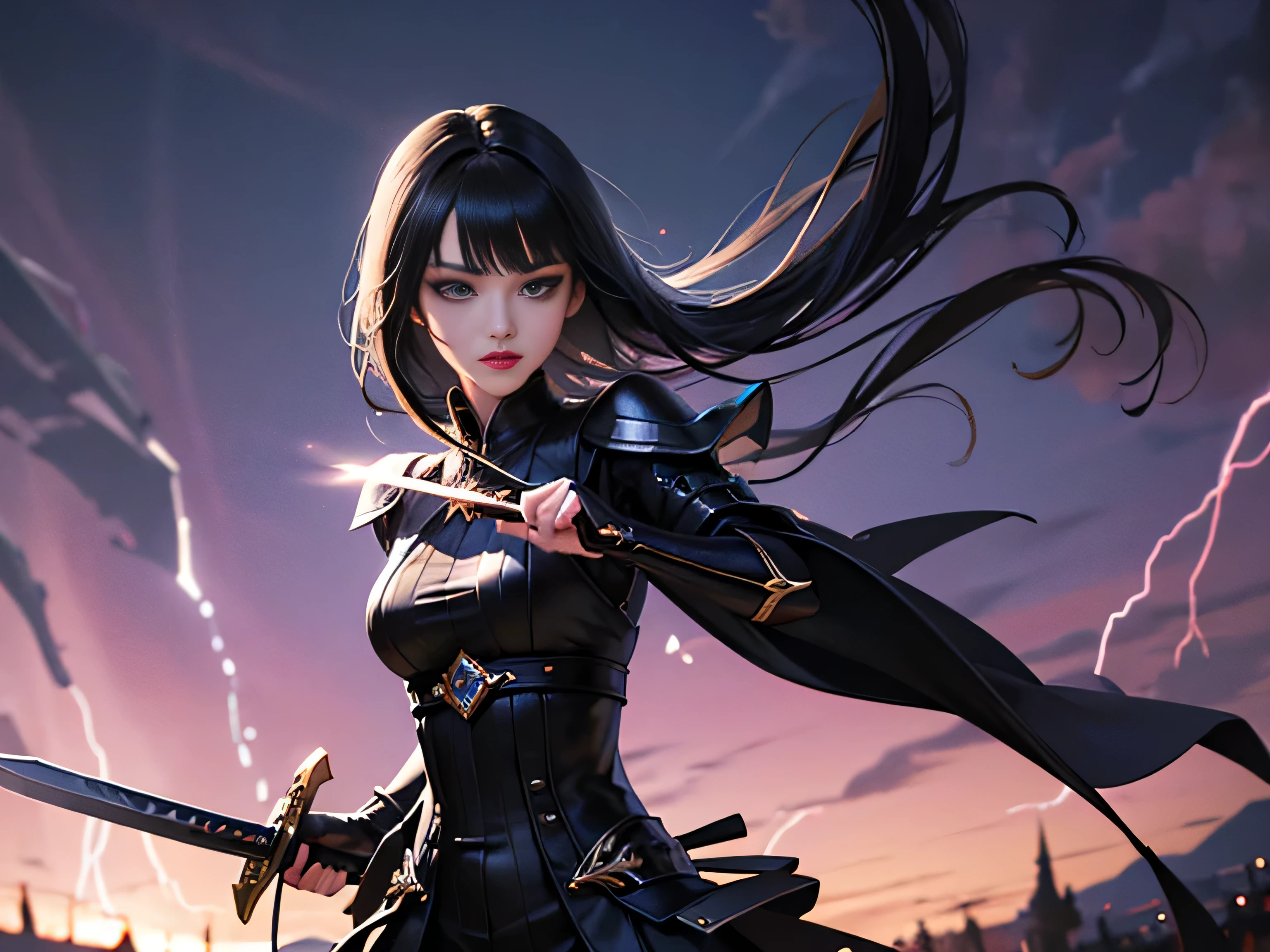 Beautiful blade master girl with black hair blue eyes dark eye shadows and perple lipstick dressed in gorgeous black leather aromor dress with golden metal parts holding long sword in her right hand gracefuly figthing with monster, look like girl is dencing in battle calling lightnings with her sword, beautiful anime artwork, anime fantasy illustration, digital art , a beautiful artwork illustration, detailed art, beautiful anime art, anime fantasy artwork, gorgeous blade master girl illustration, detailed beautiful face, cute black hair women, seductive blade dance, electic sword, lightning storm, lighning blademaster, blade and soul game, blade and soul blade master art, 4k digital art