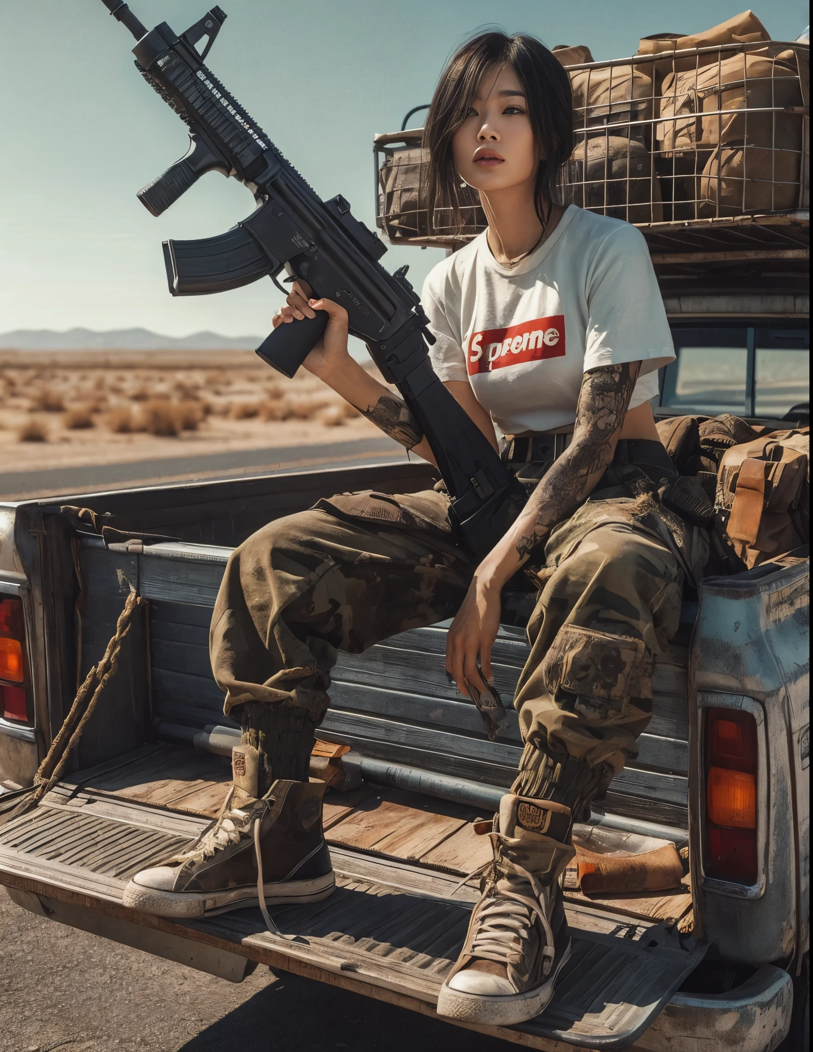 ８K,realistic photo、Realistic Skin Texture、Beautiful Japanese women、Loaded luggage on the roof　A very small old wagon、Sitting on the roof of a car、Automatic rifle leaning against a wagon、The wagon has signs of repair.、Dirty and torn SupremeＴshirt、camouflage pants、Dirty sneakers of different colors on each side、Pose with movement、dramatic composition、tattoo、one person、Wilderness Road、sunny、