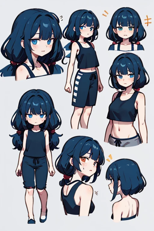Masterpiece,Best quality, Perfect lighting,extremaly detailed cg,unified,8K wallpapers, Detailed face, CharacterDesignSheet，perfectly proportions，character  design（reference sheet：1.5）, model sheet, (multiple views [full bodyesbian|From behind|From the side Side|from the front side|Close-up|Upper body|Portrait]:1) anime babe ，The upper part of the body，Beautiful facial features，Beautiful face，peach skin，Glowing red，（Red eyeshadow，largeeyes，blue eyes，In the glow：1.5），（long black gradient hair, heads：1.2），exaggeration，Delicate hairstyles , black tank top crop top, grey sweat pants（The neck of the mechanism，Mechanical hands on chest：1.5），Semi-mechanical normal legs，simplebackground，with black background
