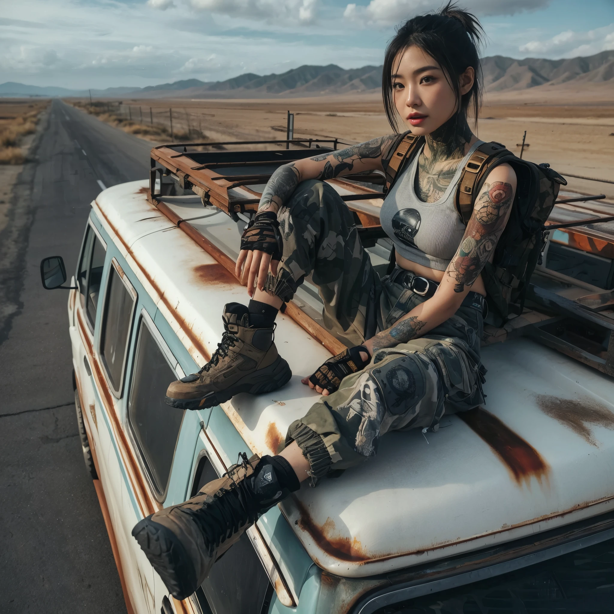 8K,realistic photo、realistic skin texture、Beautiful Japanese women、Loaded luggage on the roof A very small old wagon、Sitting on the roof of a car、Automatic rifle leaning against a wagon、The wagon has signs of repair.、Dirty and torn SupremeTshirt、camouflage pants、Dirty sneakers of different colors on each side、Pose with movement、dramatic composition、tattoo、one person、Wilderness Road、sunny、