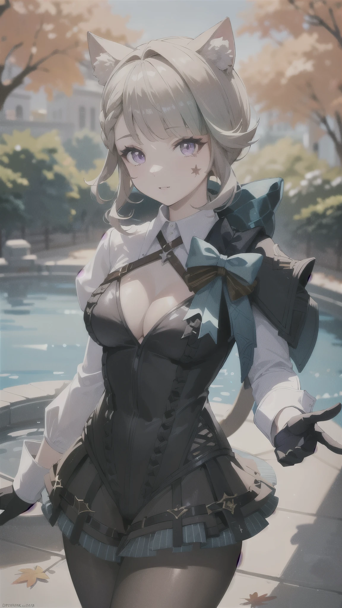 (masterpiece, best quality, glowing light, glistening, shiny skin, ultra detailed, detailed background, complex background),(perfect face, detailed face, detailed eyes,perfect hands,perfect fingers), (medium boobs:1.2,smile),(mature female:1.4),cowboy shot,thicc,
lynette,((gradient hair)), gradient eyes, (glowing eyes:1.3), mascara, (fashion make up), parted lips, animal ears, cat ears, animal ear fluff, bow, tail, cat tail, pantyhose, long sleeves, black gloves, braid, skirt, black pantyhose,
((park, fountain, leaves in the air, wall, autumn, trees)),((super detailed background)), dynamic poses, ((8k wallpaper)) ,