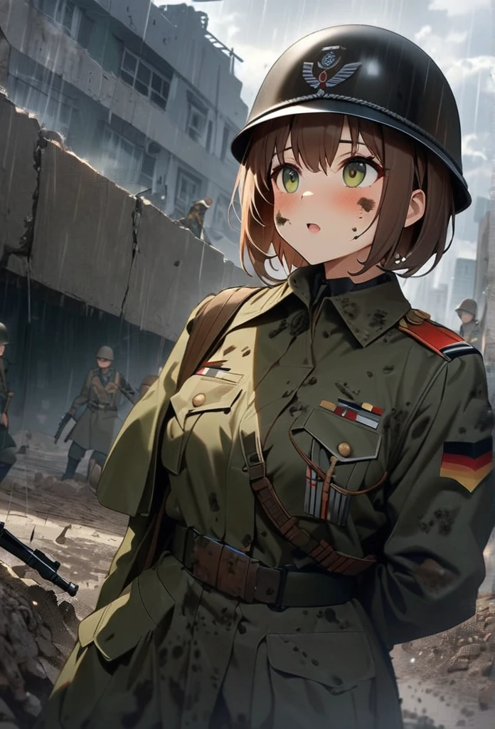 High quality, high definition images, full HD、8k.1 girl solo.old german military uniform,short hair,Chestnut hair.Carrying a rifle on his shoulder, Wearing a German military helmet、In the trenches of the battlefield,look up at the sky,broken cityscape,Mud on the face,Mud on my jacket,It's raining a lot、Raincoat


