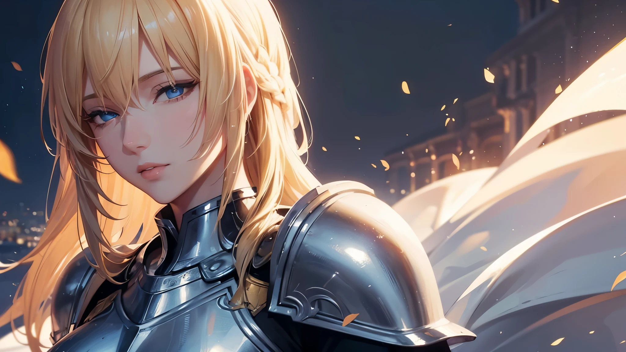 upper body, elegant knight adult woman, blonde hair, bangs, blue eyes, beautiful armor, elegant pose, soft light, high quality, 4k resolution,