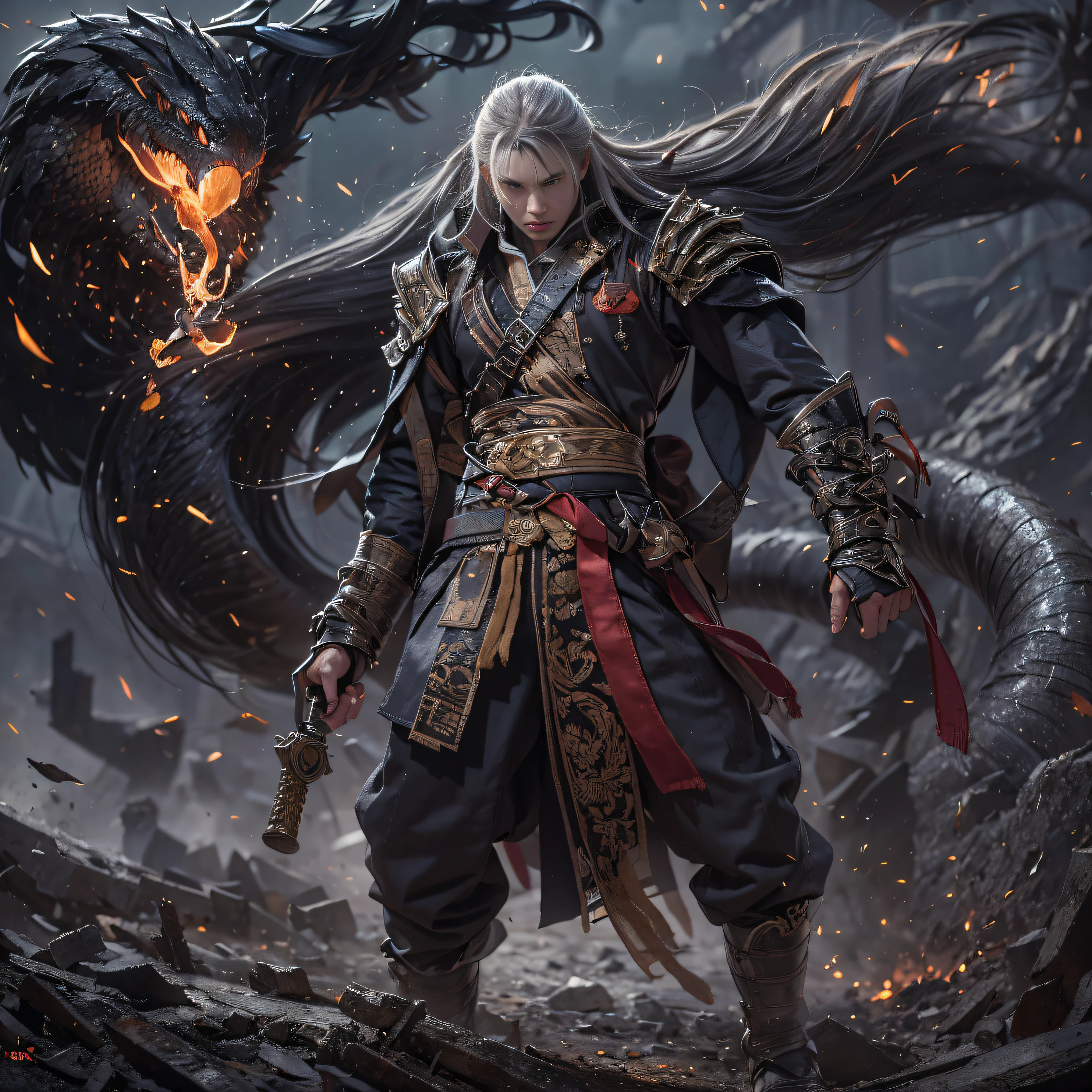 (Doomsday ruins)eyes filled with angry,He clenched his fists,Rush up,Deliver a fatal blow to your opponent,full bodyesbian,Full Body Male Mage 32K(tmasterpiece,k hd,hyper HD,32K)Long flowing black hair,Campsite size,zydink, a color, Dynamic posture(Explosive ruins), (Linen batik scarf), Angry fighting stance, looking at the ground, Batik linen bandana, Chinese python pattern long-sleeved garment, Thick paint(Abstract propylene splash:1.2), Dark clouds lightning background,Flour flies(realisticlying:1.4),Black color hair,Flour fluttering,Background fog, A high resolution, the detail, RAW photogr, Sharp Re, Nikon D850 Film Stock Photo by Jefferies Lee 4 Kodak Portra 400 Camera F1.6 shots, Rich colors, ultra-realistic vivid textures, Dramatic lighting, Unreal Engine Art Station Trend, cinestir 800,Flowing black hair,(((Male mage))),The male mage was furious,