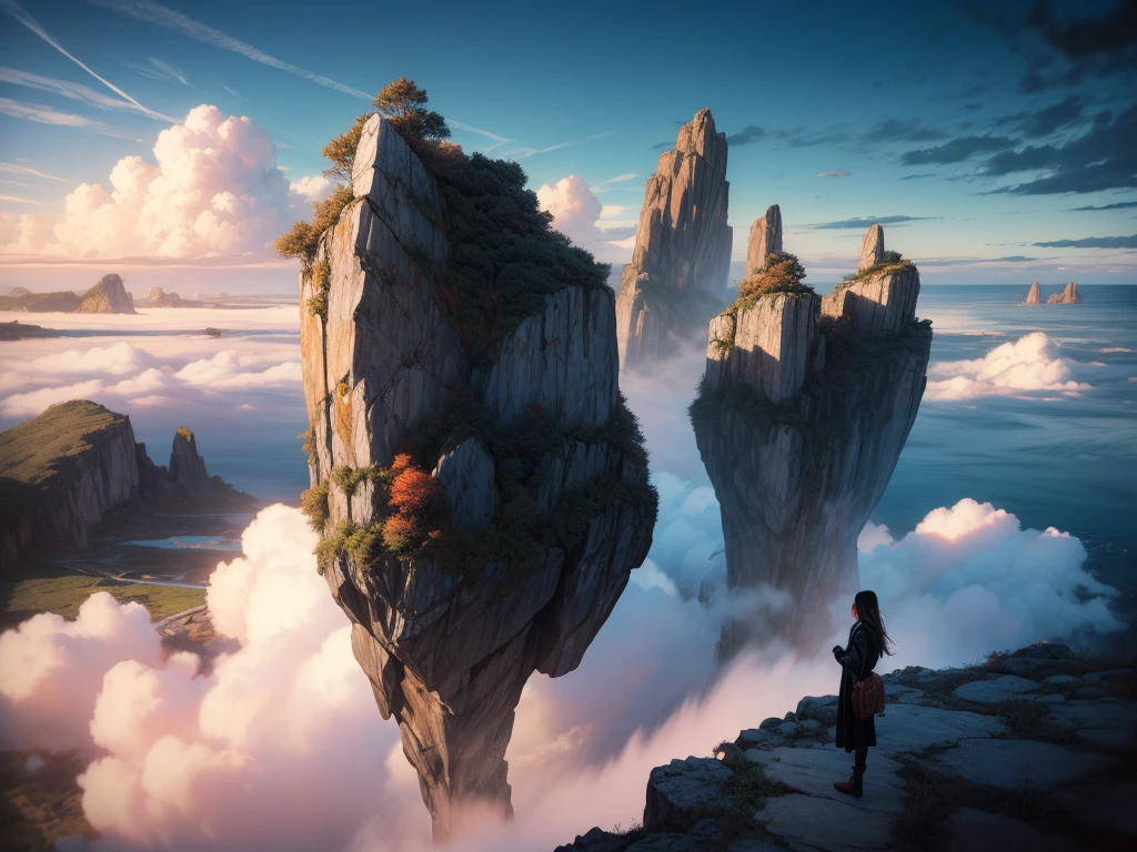 (masterpiece, best quality:1.2), Super details, movie lighting, high dynamic range, illustration, huge rocks serve as habitats in the sea, Fall, sea of clouds, rich and colorful, Woman traveling, mystery, Very detailed, high contrast, golden ratio composition, Epic views, masterpiece