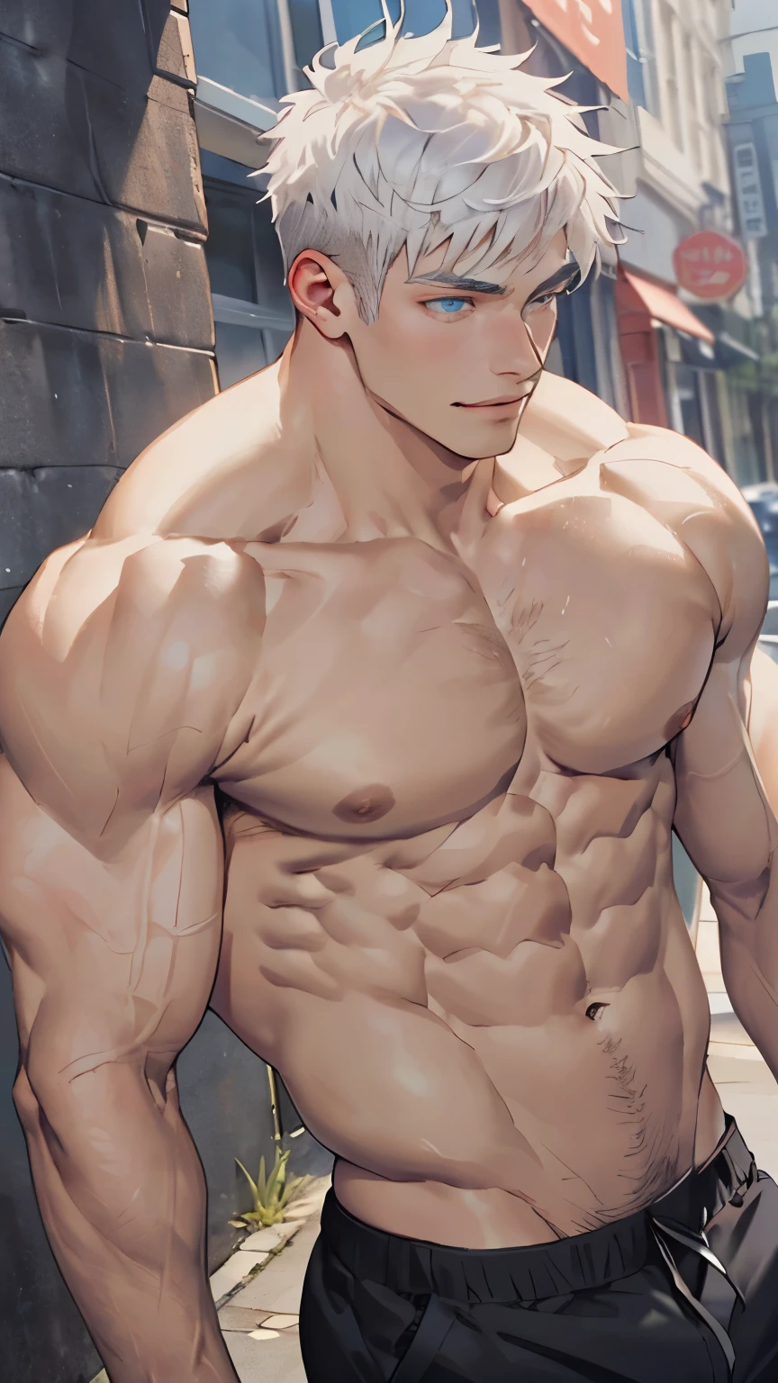((the best quality)), ((Masterpiece)), (details), perfect face, high definition, Masterpiece,4k,details clearly, Handsome face, white skin, perfect body, male body, strong muscles, abdomen, blue eyes, white skin, The most handsome man in the world, handsome, The coolest face, Male characters, close image (1man, shirtless), young man, mischievous smile, Extremely muscular tall man, open your eyes ((detailed eyes)), huge, muscular body and Massive, bulging pecs, muscular abs, narrow waist, short hair, blue eyes, delicate big eyes, carefree expression, clear face, handsome (detailed face, perfect face) ((extremely realistic shadows, bodybuilding posture, human, ((22-year-old young man)), V shape, athletic pants, athletic, Shirtless, Sunlight, Street, lower pants, topless, close up look, CG sense, Textured skin, the best quality, Storytelling images, lower your pants, show Panty line, Show your abs, show arm muscle, white hair, shining blue eyes