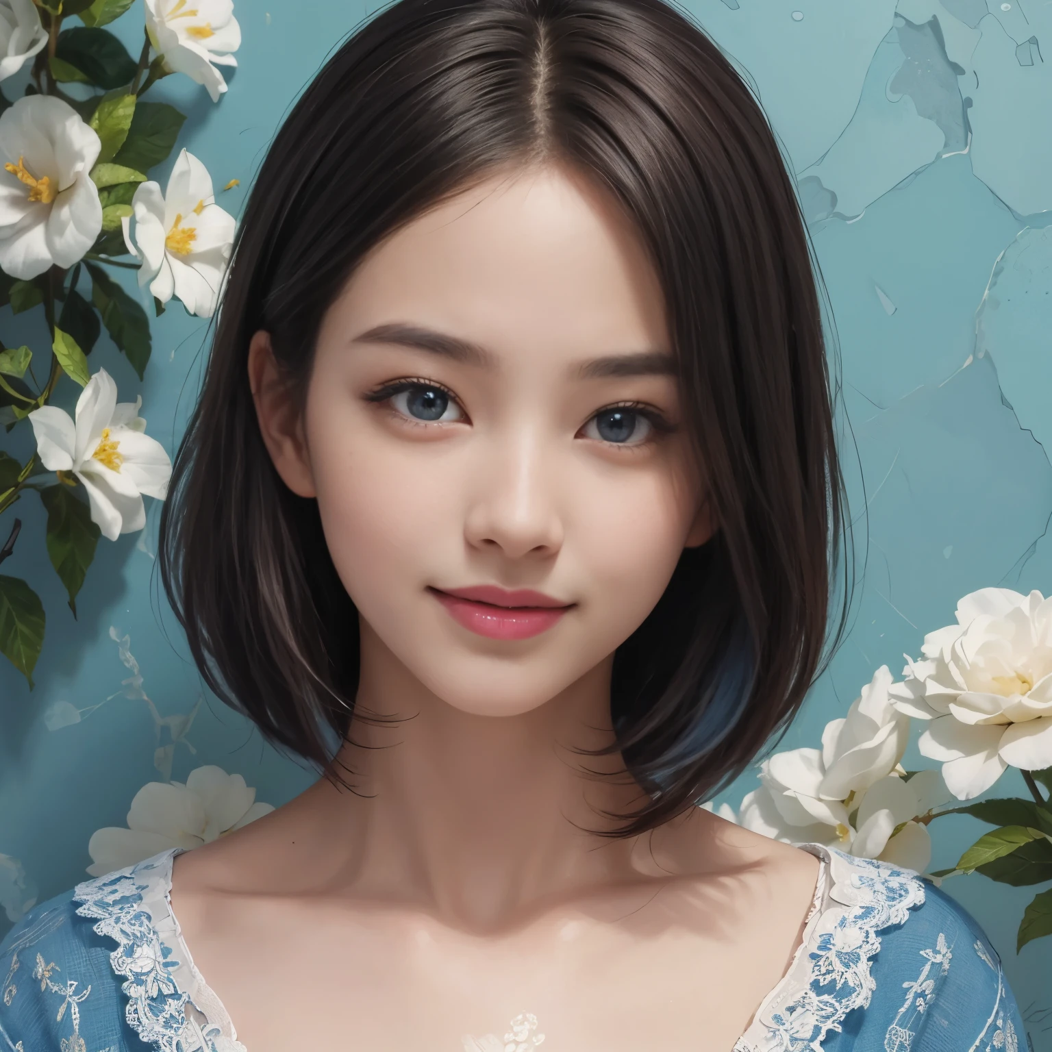 (A hyper-realistic), (illustration), (hight resolution), (8K), (highly detailed), (The best illustrations), (detailed face), (beautiful detailed eyes), (top-quality), (​masterpiece), (wall-paper), Upper body close-up, short hair,inner colored, solo, Girl in simple blue underwear, plump breasts, smile
