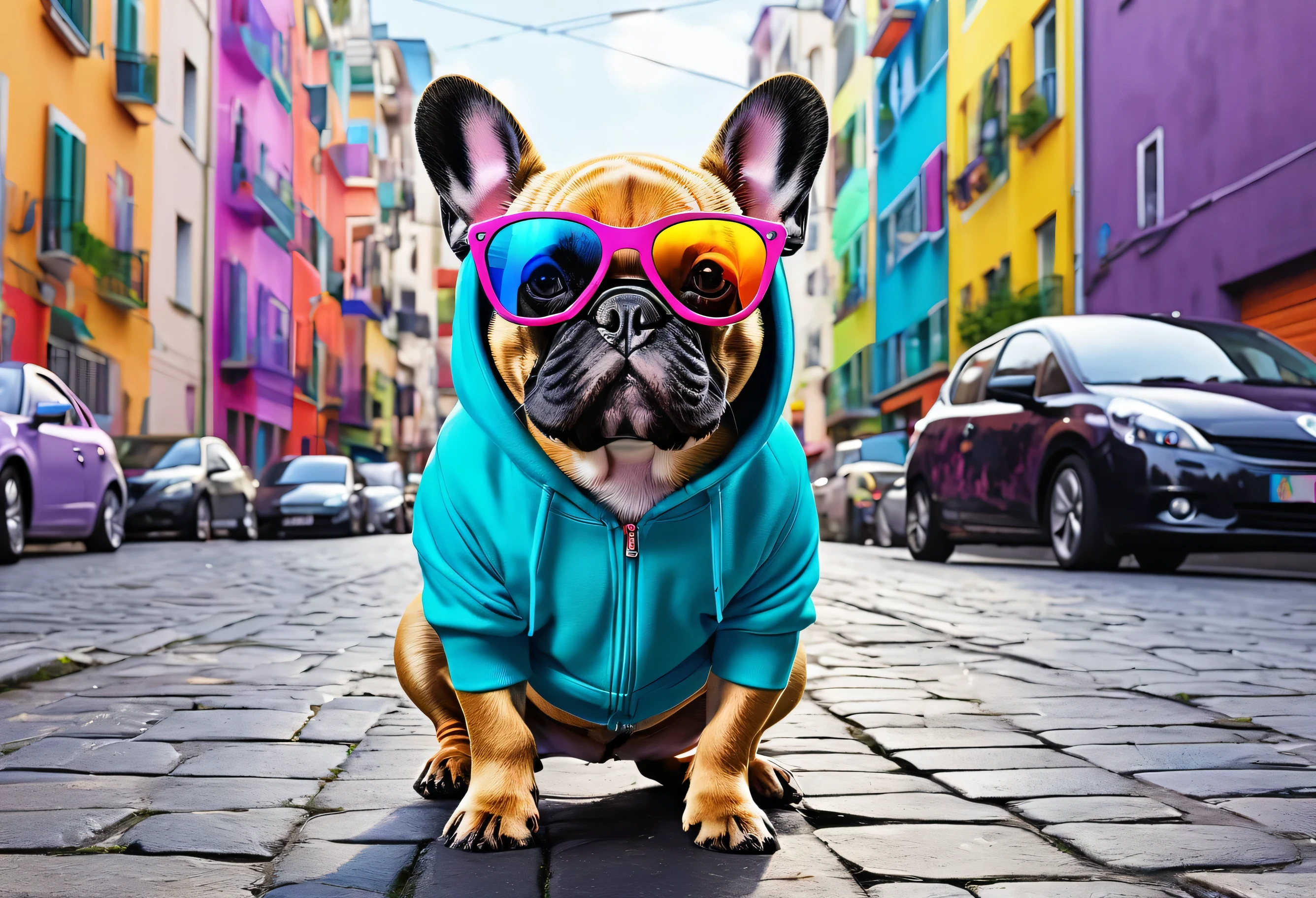 A stylish French bulldog wearing colorful glasses and a hoodie, whole body、animal pictures, Vivid cartoon art, very high quality artwork, pop art, colourful artwork, mixed art styles, urban art style, art style, maximalist, Large colorful images, cute style, art style, High quality glossy art, High Resolution Art,Riding a scooter through a city lined with buildings、airbrush