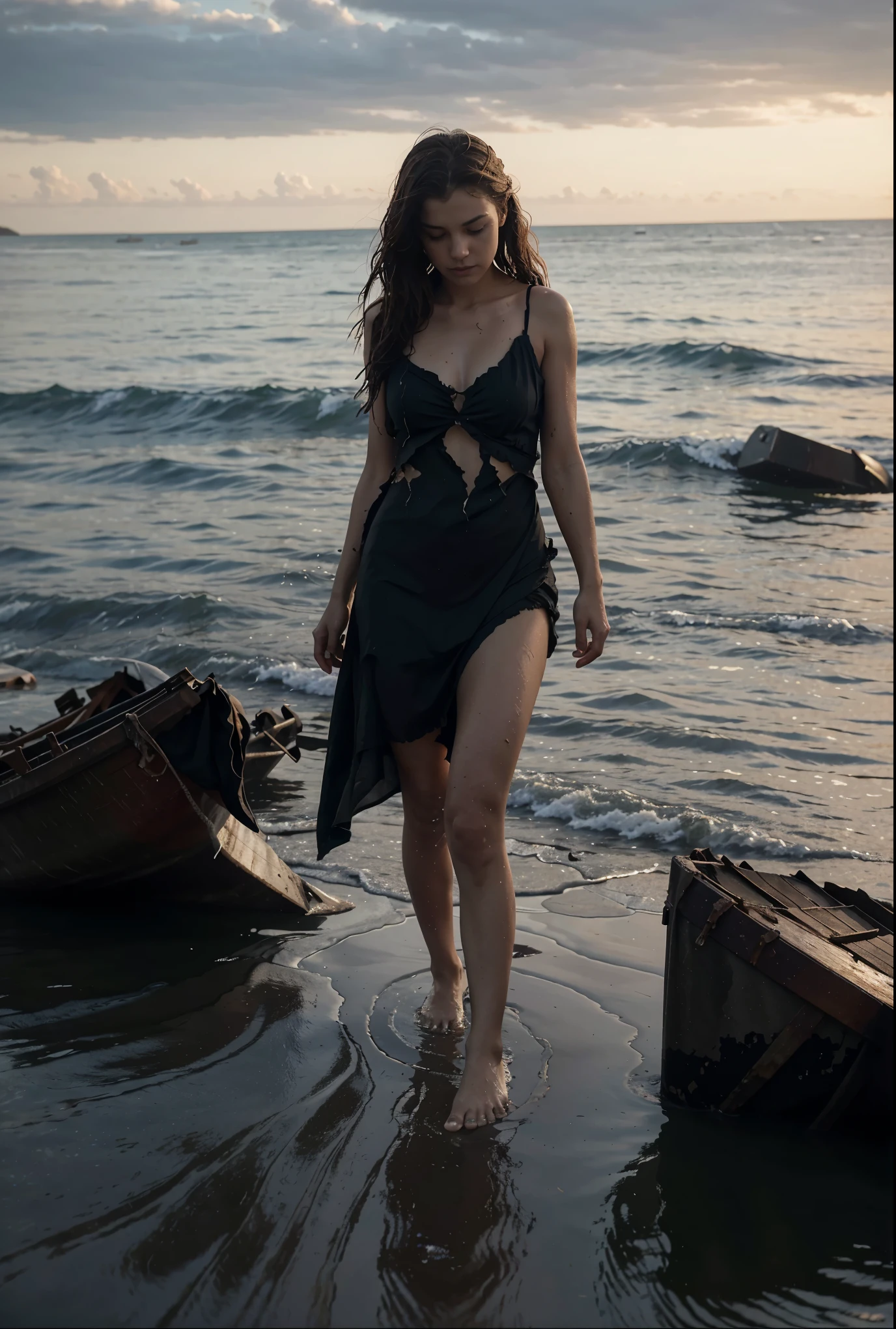 reference sheet: 1.8, great details, high quality, masterful work, a beautiful girl walks along the surface of the water at dusk, gloomy atmosphere, wet dress, gloomy background, River, stones, Dry trees, girl in a wet dress, Barefoot, bare legs, got lost, girl in search, in a torn dress, torn clothes, torn fabric, pieces of cloth, came ashore after a shipwreck, shipwrecks float in the distance, wounds and abrasions on the body, идет и limps, in search of accommodation and food, a seriously wounded girl in scraps of dress and torn fabric, holds the wet hem of her dress with one hand, wounded body, seriously wounded girl can barely walk, blood из раны, blood, twilight, sunny goes beyond the horizon, it&#39;s getting dark , limps, 