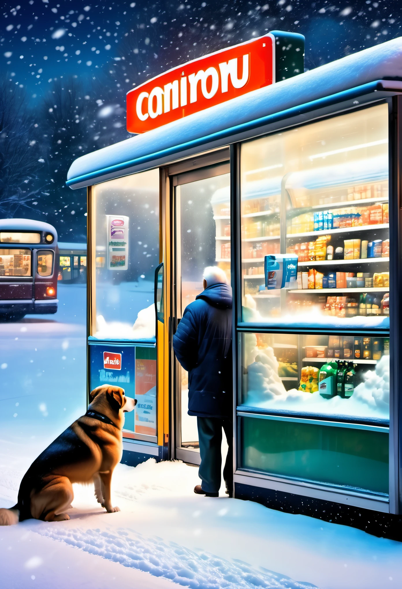 （masterpiece，photography，lifelike，）winter，heavy snow，snow，late night，Convenience store at night，supermarket，Huge glass windows，Old man and dog in the window，Bus stops