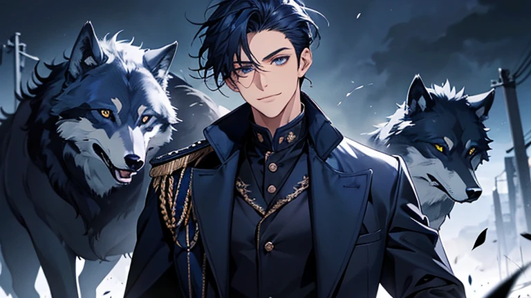 masterpiece, highest quality, confused, male,dark blue hair, low ponytail,Black and navy blue pilot suit,expensive,,Carrying wolves,He has a navy blue coat draped over his shoulders.,There&#39;There&#39;there&#39;s no one behind me,dark blue eyes,smile a little,With the wolf,field
