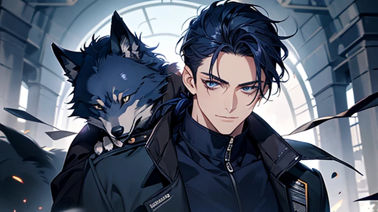 masterpiece, highest quality, confused, male,dark blue hair, low ponytail,Black and navy blue pilot suit,expensive,,Carrying wolves,He has a navy blue coat draped over his shoulders.,There'There'there's no one behind me,dark blue eyes,smile a little,With the wolf,field