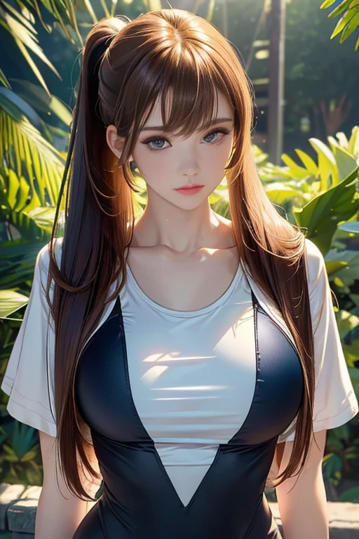 extreme close up,1 girl,(highly detailed skin),crooked,,beautiful breasts,(big breasts),pale skin,pointed chest,erect nipples,(fantasy art,best image quality,surrealist portrait,(8K),Super realistic,最high quality, high quality, High resolution, high quality texture,high detail,beautiful,Detailed,Very detailed CG,Detailed texture,realistic expression of face,masterpiece,sense of presence,dynamic,bold),ponytail,(super thin hair),(super soft hair),(ultra straight hair:1.5),long flowing bangs,extra light coppery amber hair,hair above one eye,dressed,baggy t-shirt,see-through sailor swimsuit