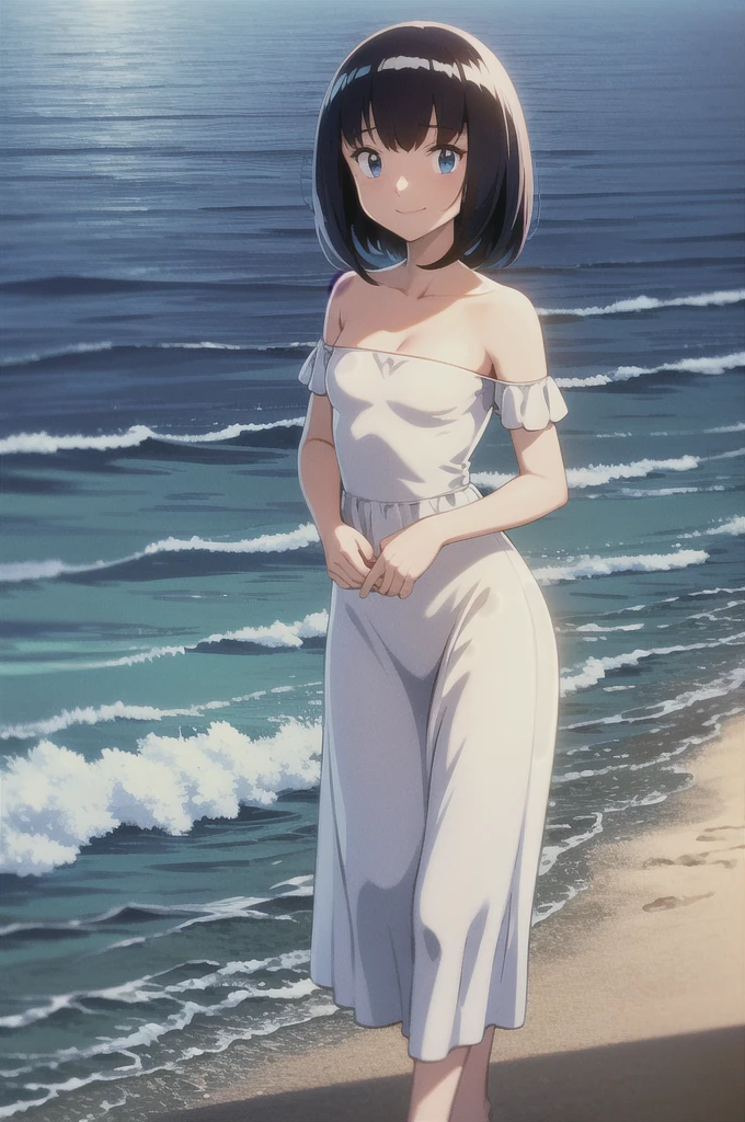 pokemovies, sugimori ken, ken sugimori ken \(style\), anime screencap, masterpiece, best quality, highres, outdoors, small breasts, 1 girl, Solo, Blue Eyes, Beautiful Detail Eyes, Yellow Medium Hair, Bangs, Good hands are down, Smile, Blushing, Bare Neck, Bare Shoulders, strapless, White Ruffle Off-the-Shoulder maxi dress. Cowboy shot. A landscape of the beach, blue skies, sand beach, ocean waves. In the center. Walking in bare feets.