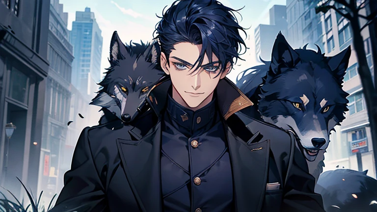 masterpiece, highest quality, confused, male,dark blue hair, low ponytail,Black and navy blue pilot suit,expensive,,Carrying wolves,He has a navy blue coat draped over his shoulders.,There'There'there's no one behind me,dark blue eyes,smile a little,With the wolf,hill,grassland