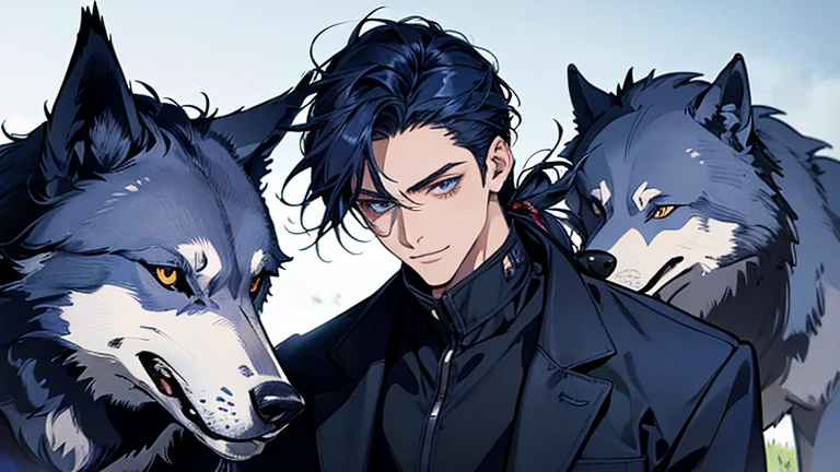 masterpiece, highest quality, confused, male,dark blue hair, low ponytail,Black and navy blue pilot suit,expensive,,Carrying wolves,He has a navy blue coat draped over his shoulders.,There'There'there's no one behind me,dark blue eyes,smile a little,With the wolf,hill,grassland