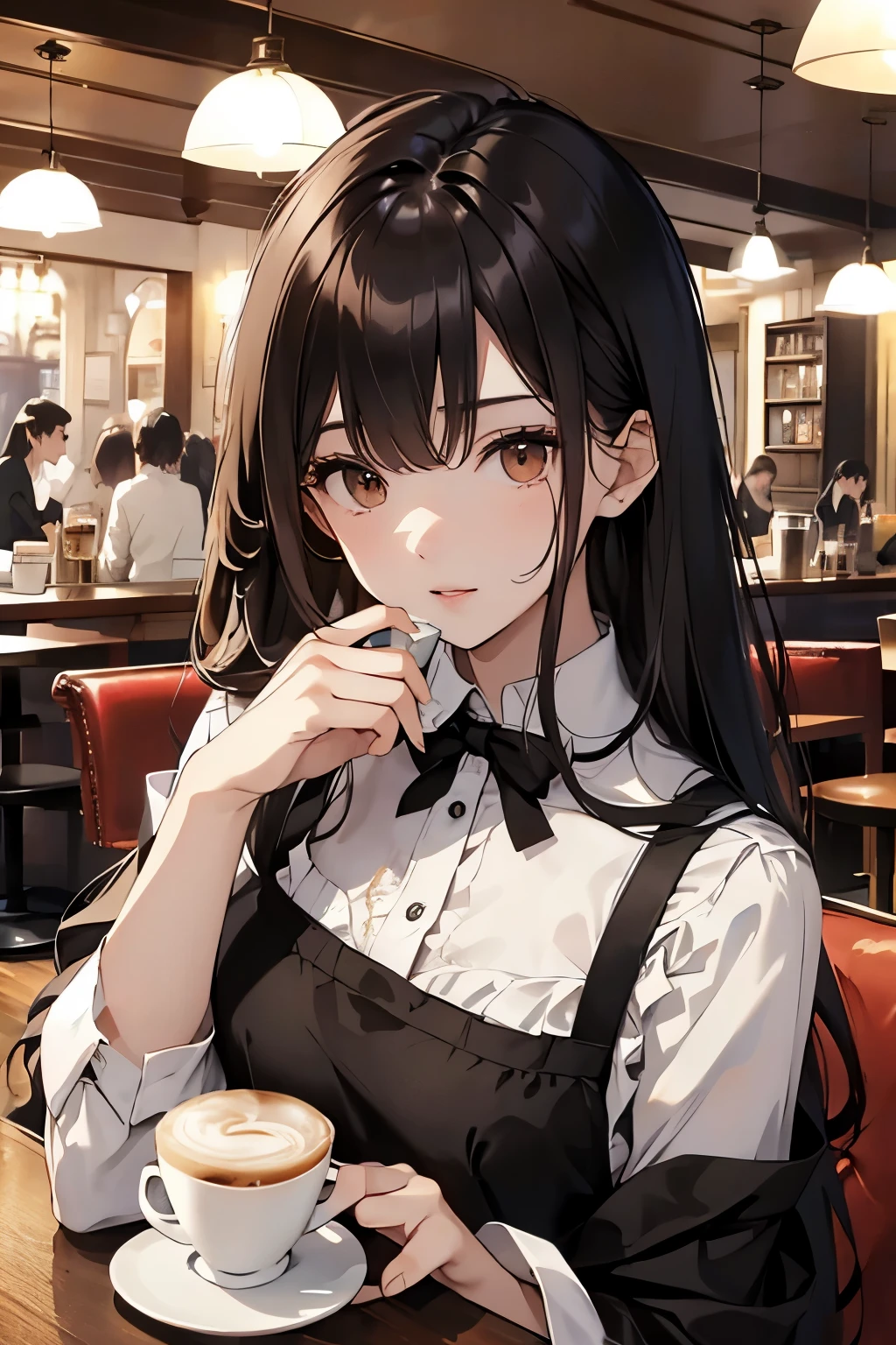 best quality, highres,Slender、brown eyes、tall、black hair、(long hair:1.3),straight hair、(Cafe:1.4)、black blouse
