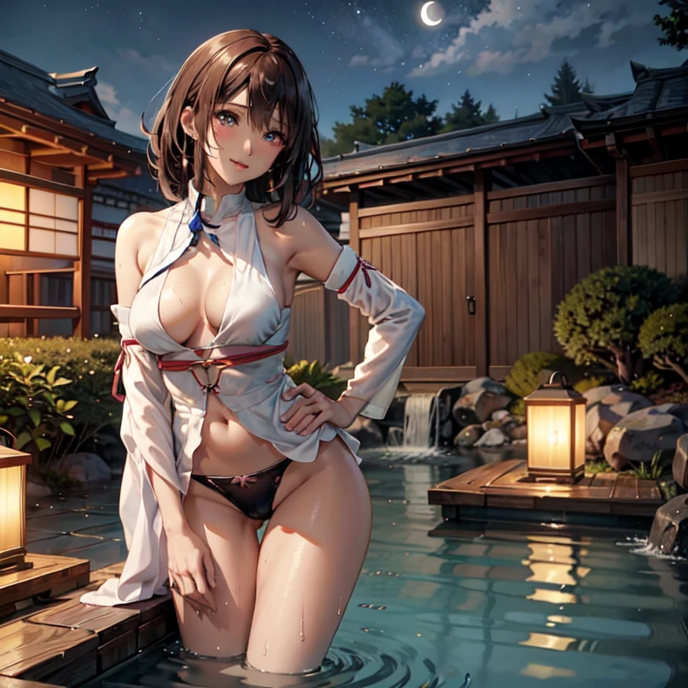 master piece,best quality,ultra detailed,8k,
ambient light,realistic skin,glossy skin,
（YunaFF10）、（Hands on Hips）、the body is very wet、chest is transparent、Lips are moisturized、Slightly emphasize the lower lip、bewitching lips、blush、fearless smile、beautiful breasts、
fantastic night sky、full moon、horizon、open-air bath、Japanese inn