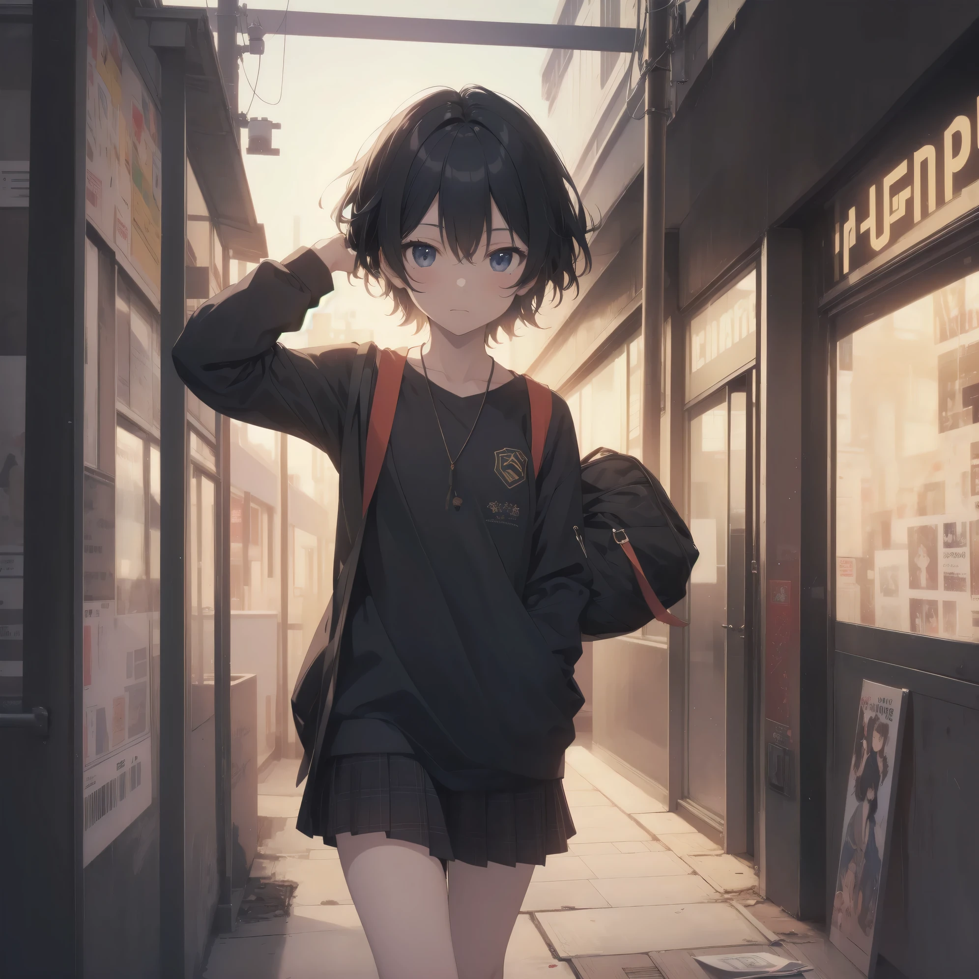 ultra-absurdres-Top quality by artist God, ultra-detailed, high resolution, anime moe artstyle, best anime 8k konachan wallpaper, pixiv contest winner, perfect anatomy,break, 1girl, (Please draw a girl walking sleepily to school alone. )break,(Solo,little female, 13-year-old:1.3),Full limbs, complete fingers,a junior high school student, (very short hair), short cut, flat chest, , small butt, small black eyes, beautiful detailed eyes, well-proportioned iris and pupils, expressive eyes, highres detailed hair, soft expression, school_uniform, official_alternate_costume, pleated skirt,(Detailed Lighting), (Detailed background), in the School commute route. break,super detailed skin, Best cinematic lighting powered by famous artist, 8k,beauty illustration,photoshop_(medium),very aesthetic,break,((artist:kouji_(campus_life) )), artist:akinashi yuu ,artist:oyari ashito ,artist:kantoku ,