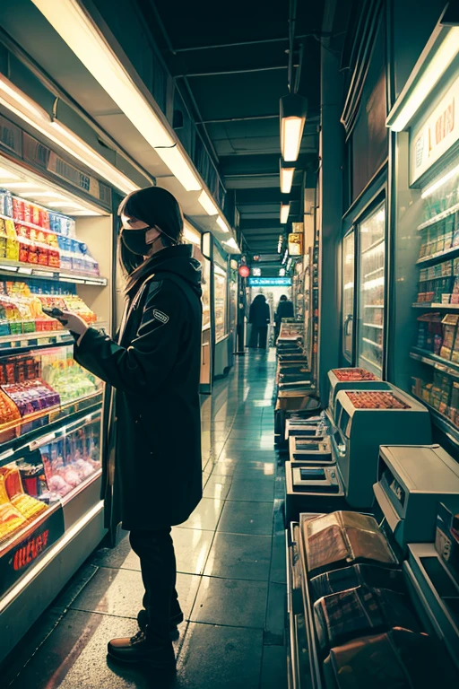 (best quality,highres,realistic),night scene,mysterious midnight convenience store,lonely but inviting atmosphere,brightly lit convenience store,silent streets outside,shadows and reflections,late-night snacks and drinks,cigarette vending machines,colored neon signs,flickering fluorescent lights,shelves stocked with various products,shadows cast by merchandise,detailed store interior,distant sound of traffic,quietude interrupted by occasional footsteps,peaceful and serene,subtle hint of suspense,remote location,isolated but not deserted,city lights in the background,solitary cashier at the counter,late-night customers with tired expressions,masked faces under the dim light,cash register sound echoing through the store,wrapped in darkness beyond the storefront window,empty parking lot,crisp night air mixing with the smell of coffee,distant sound of a ringing bicycle bell,curiosity of exploring the unknown,colors infused with shades of blue and purple,night sky filled with stars.