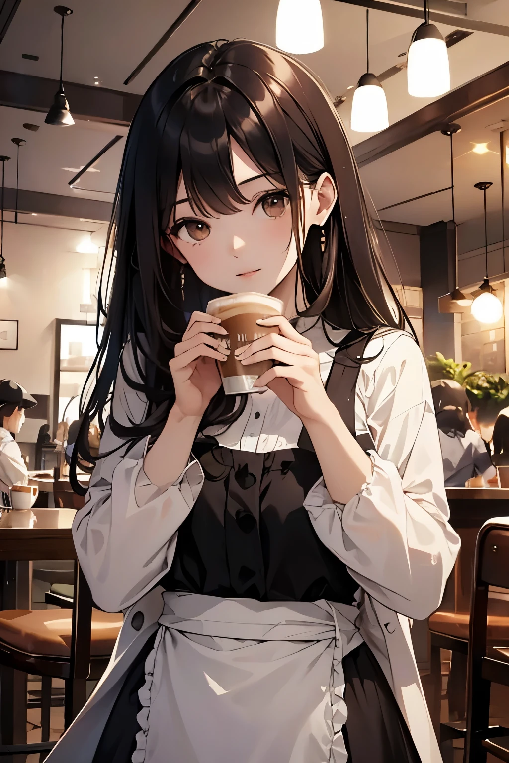 best quality, highres,Slender、brown eyes、tall、black hair、(semi-long:1.3),straight hair、(Cafe:1.4)、black blouse