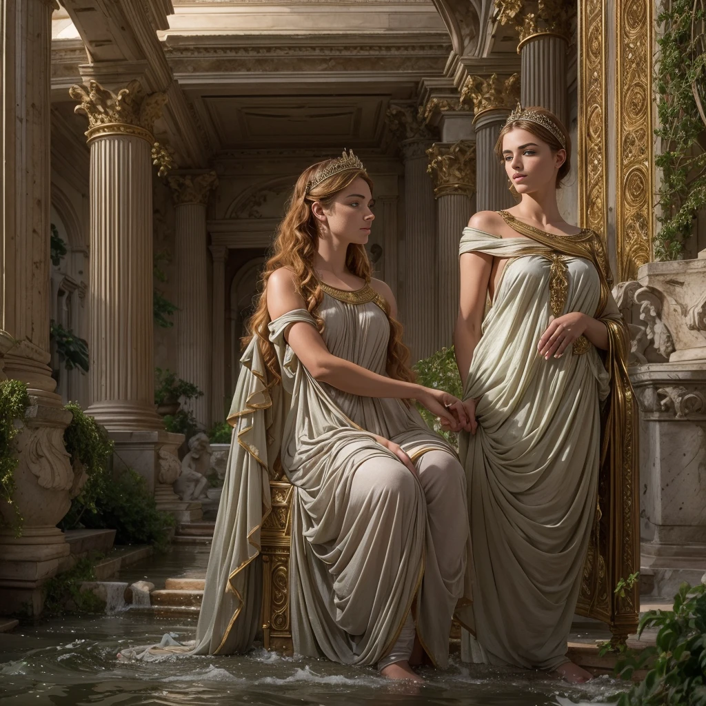 Masterpiece, (3 girls, half body shot, slender slim body, small breasts, small buttocks, detailed ultra realistic face, relaxed pose, relaxed face, perfect anatomy:1.2), Imagine a scene where the young Roman Empress Livia, wife of Emperor Augustus, indulges in a tranquil moment within the sprawling confines of her imperial villa in ancient Rome. At 20 years old, her beauty is accentuated by her striking strawberry blonde hair, which cascades gently over her shoulders, partially submerged in the warm, inviting waters of a grand private bath. The bath itself, an architectural marvel, reflects the opulence of the Roman elite, with intricate mosaics and grand columns that rise to meet the soft, natural light filtering through the open spaces. Two attentive young half nude Gaelic slaves stand by, their roles to ensure the comfort and care of their empress during this serene interlude. The scene aims to capture the essence of luxury and tranquility that defined the private lives of Rome's most powerful, photo-realistic quality, striving for the highest resolution and natural lighting to bring this moment from ancient history to life, 16K, ultra high res.photorealistic, UHD, RAW, DSLR, natural Lighting, Sharp Focus