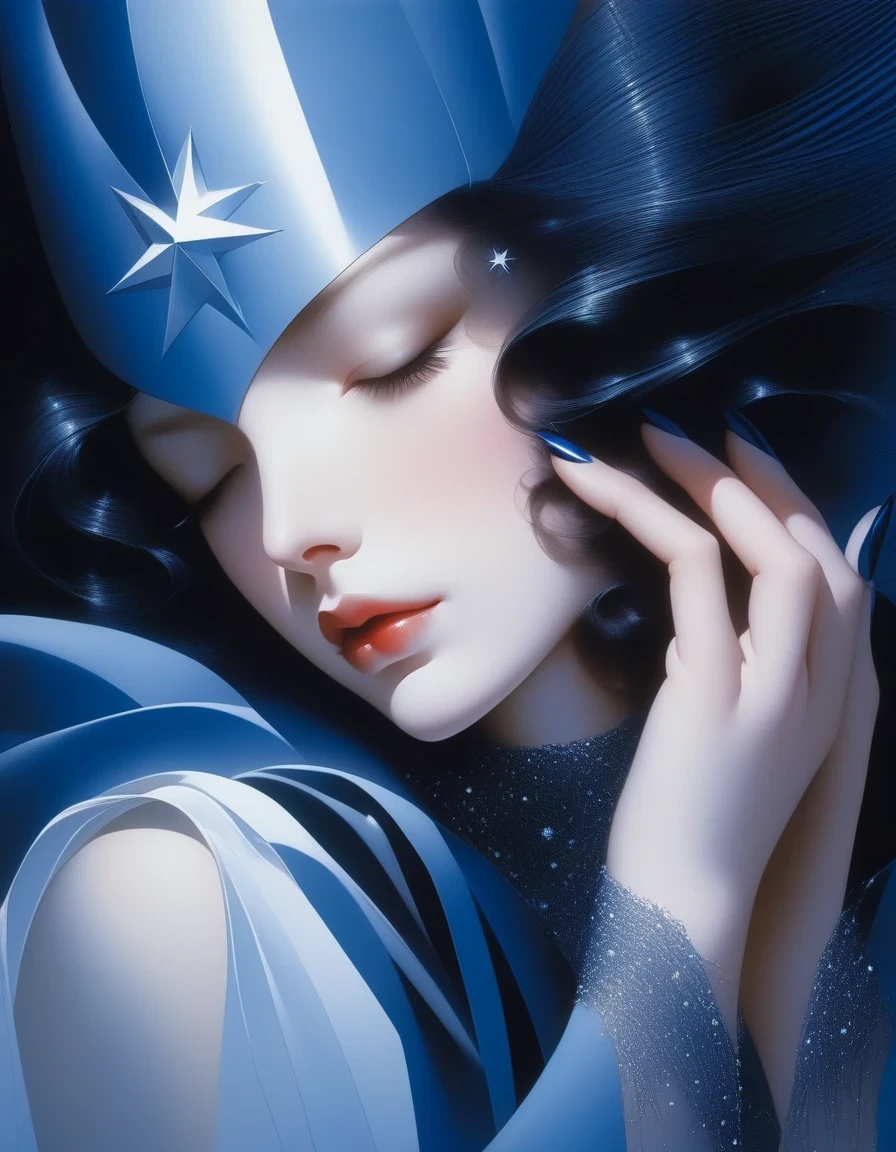 Close-up of pale hands with long black nails， Blue Star, Kaneko, Half-closed eyes in the dark, Robert Ferrie (Roberto Ferri) Hajime Sorayama (Hajime Sorayama) style of
