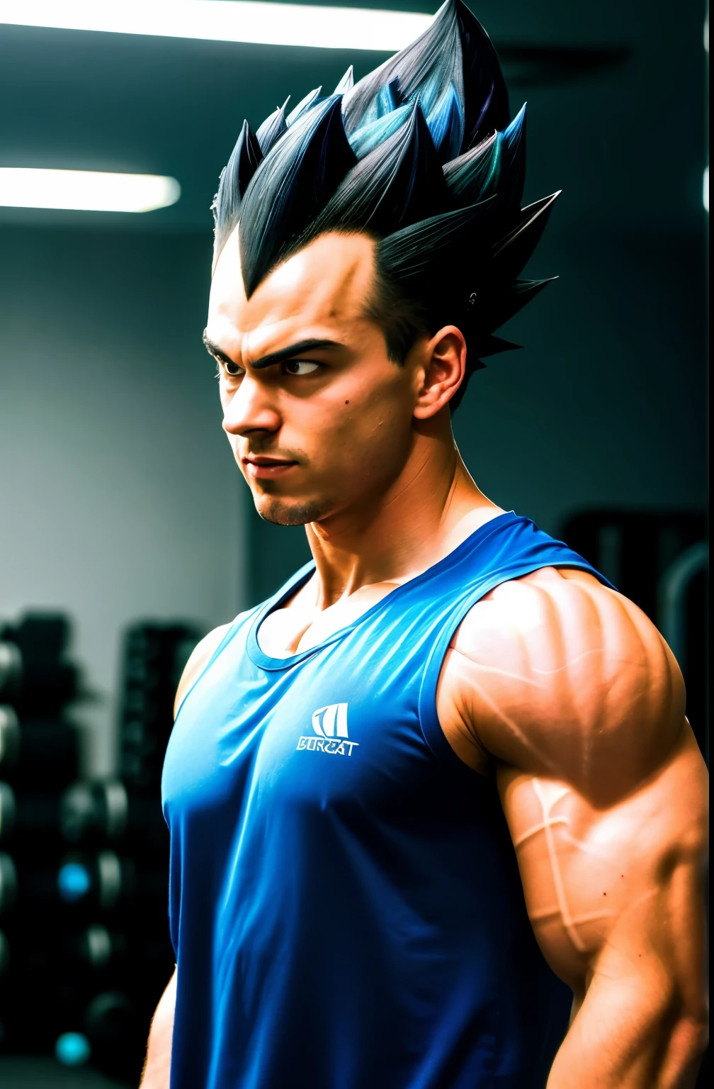 (high detailed skin:1.2), serious, looking at viewer, black spiked hair, black eyes, slim fit blue shirt, white gloves, RAW photo,  vegeta, 1boy, working out in the background of a gym with dumbbells, small details, photorealistic, ultra-realistic photo, 8k uhd, dslr, soft lighting, high quality, film grain, ((masterpiece)), 8k, HDR, highly detailed, professional