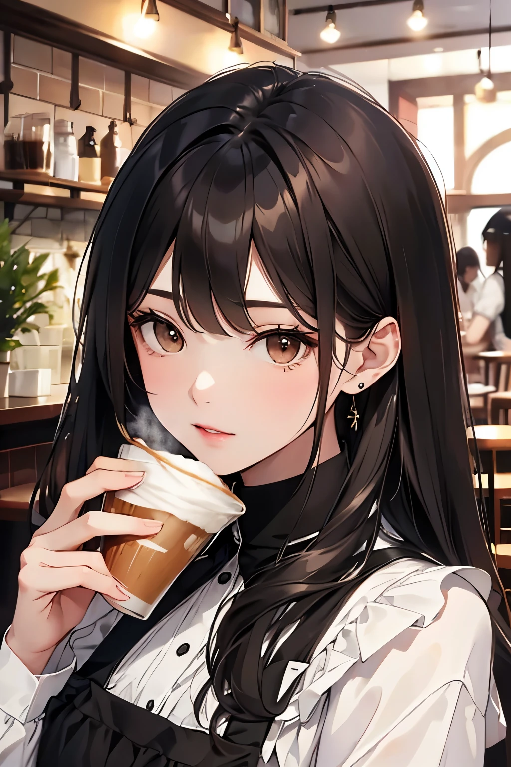 best quality, highres,Slender、brown eyes、tall、black hair、(long hair:1.3),straight hair、(Cafe:1.4)、black blouse