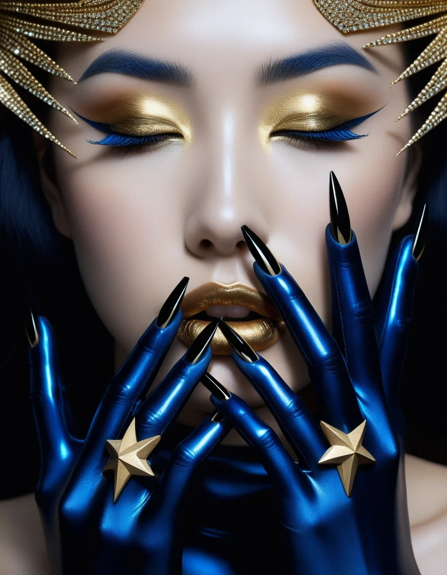 Close-up of pale hands with long black nails, Blue Star, gold, Half-closed eyes in the dark, Robert Ferrie (Roberto Ferri) Hajime Sorayama (Hajime Sorayama) style of