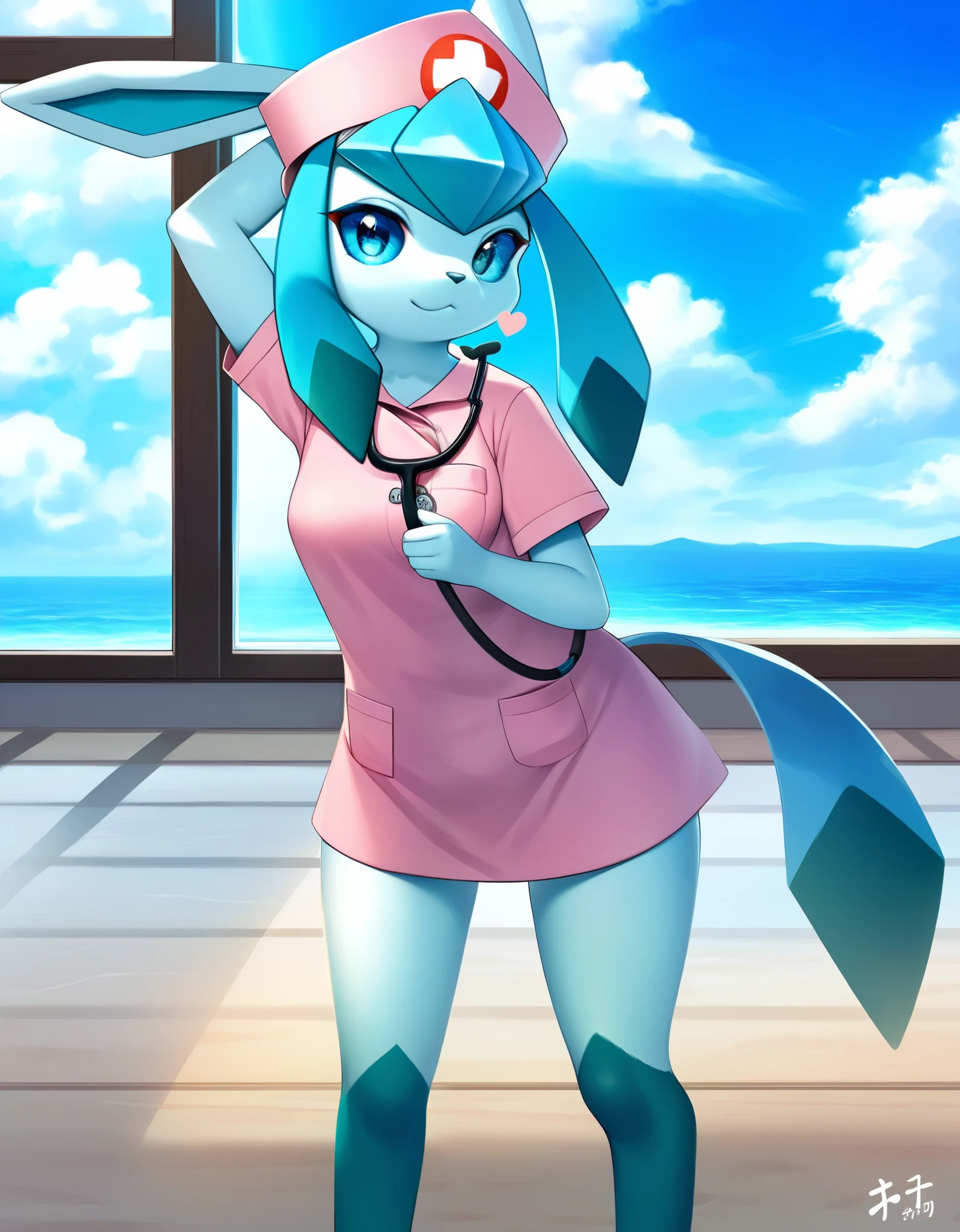 score_9_up, score_8_up, score_7_up, source_anime, (masterpiece, perfectly detailed, detailed face, detailed eyes, beautiful eyes), PokeMaster_PS, glaceon_pokemon, pokemon (creature), hat, holding, stethoscope, clothed pokemon, closed mouth, sidelocks, day, standing, :<, nurse cap, white eyes, short sleeves, cloud, indoors, full body, blue hair, blue sky, glaceon, long hair, 1girl, pink skirt, flat chest, two-tone fur, pocket, outdoors, animal ears, water, looking at viewer, pink shirt, blue fur, tail, window, two-tone hair, furry female, straight-on, shiny, artist name, colored sclera, bangs, blue sclera, collared shirt, multicolored hair, body fur, pink headwear, hands up, animal nose, poke ball symbol